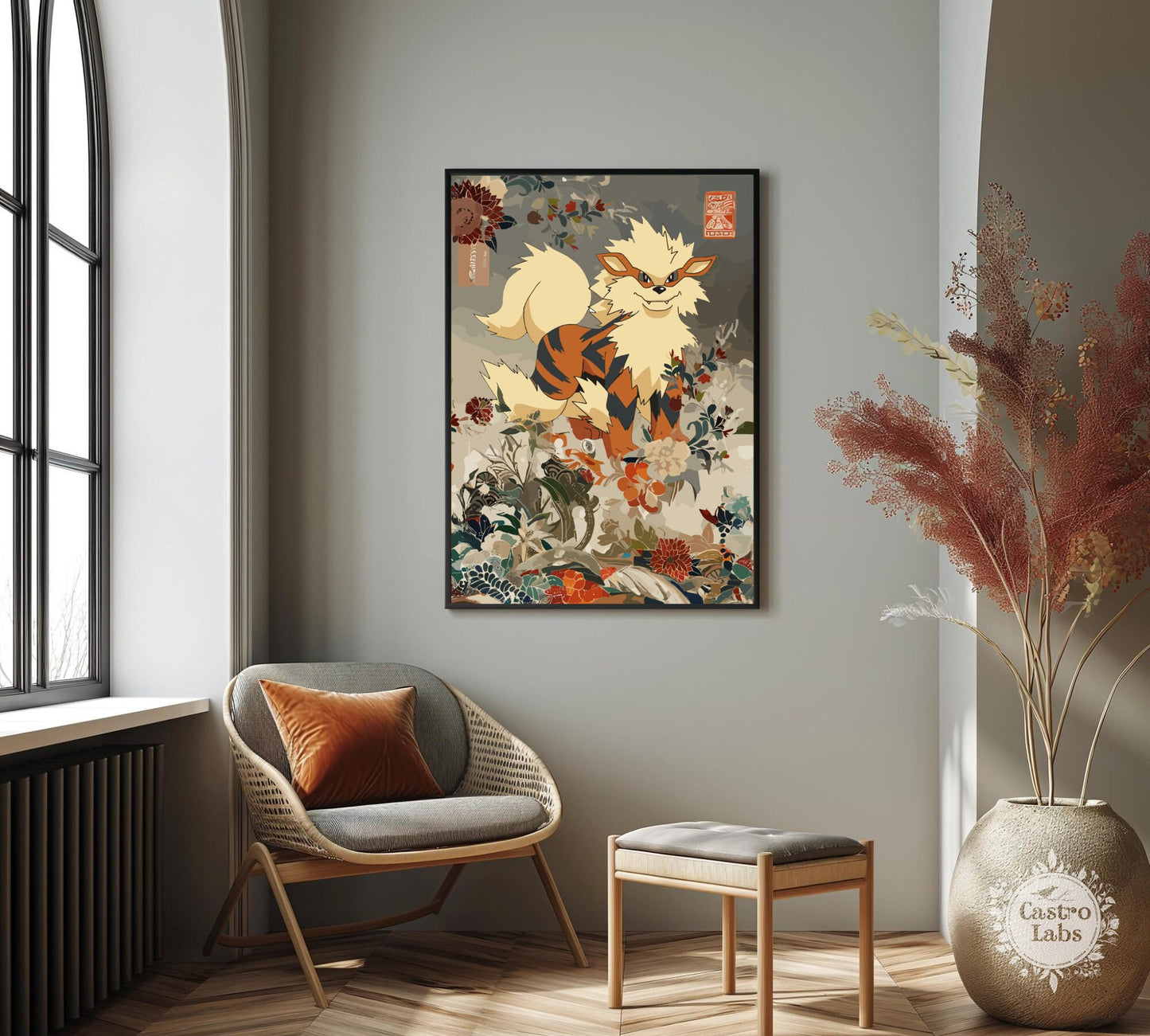 Arcanine: Japanese Tapestry Style Pokemon Anime Poster - Wall Art for Bedroom and Japanese Home Decor