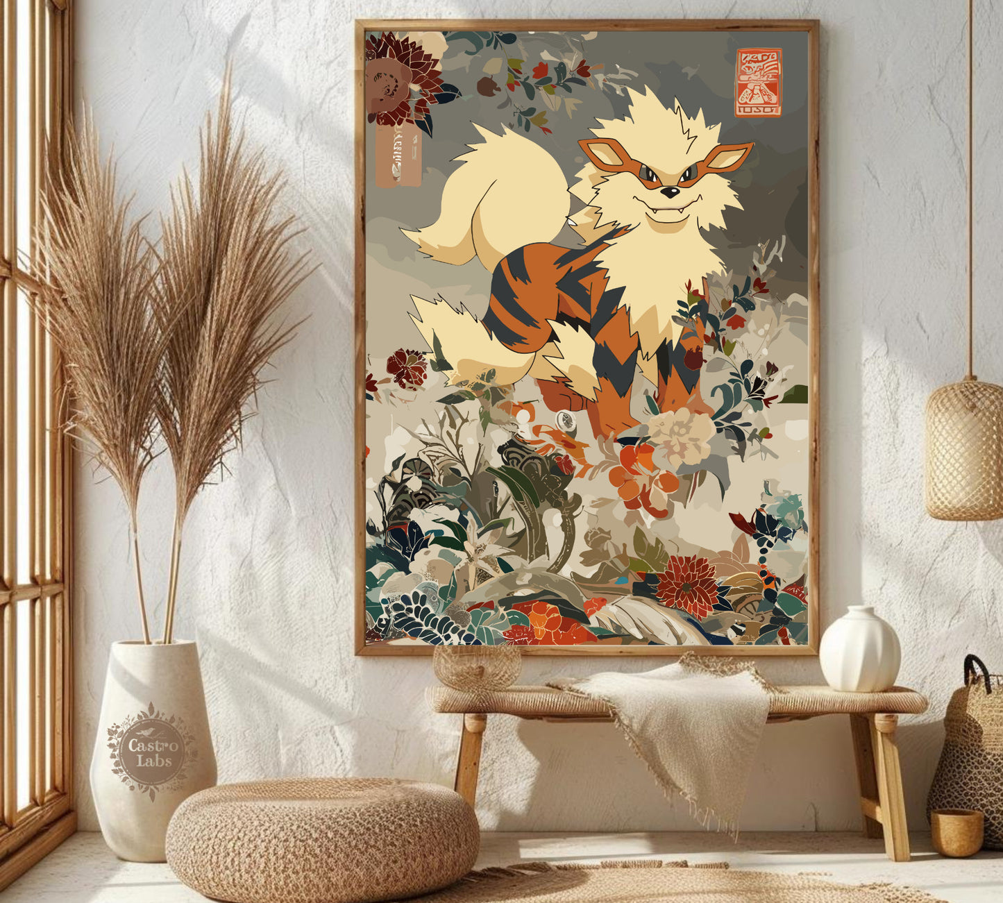 Arcanine: Japanese Tapestry Style Pokemon Anime Poster - Wall Art for Bedroom and Japanese Home Decor