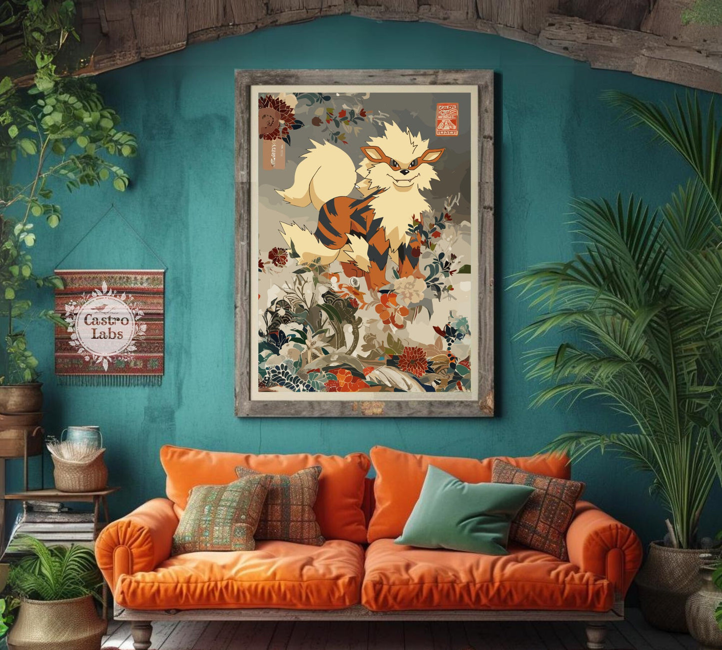 Arcanine: Japanese Tapestry Style Pokemon Anime Poster - Wall Art for Bedroom and Japanese Home Decor