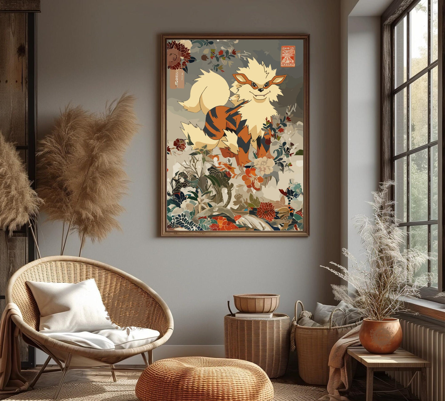 Arcanine: Japanese Tapestry Style Pokemon Anime Poster - Wall Art for Bedroom and Japanese Home Decor