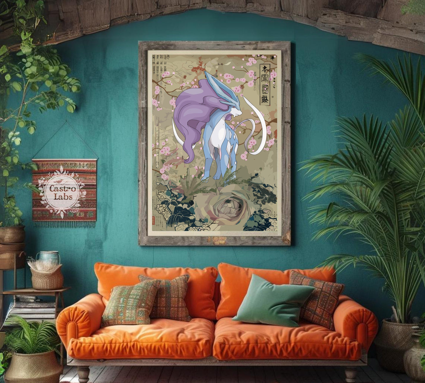 Suicune: Japanese Tapestry Style Pokemon Anime Poster