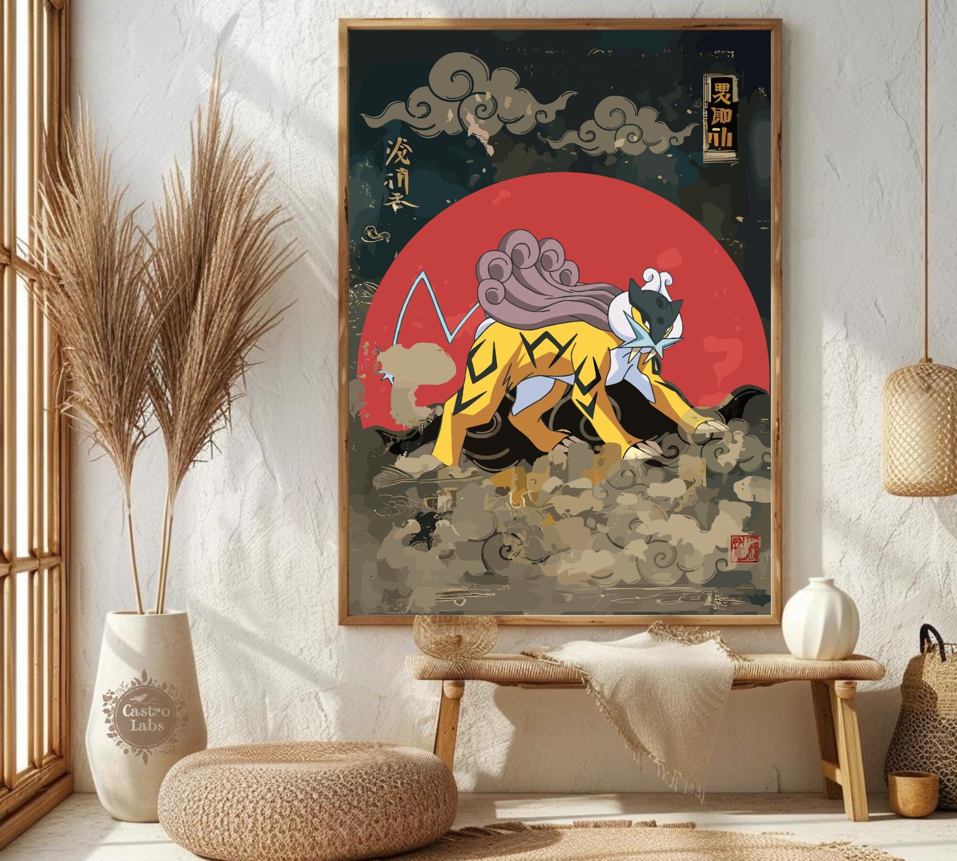 Raikou: Japanese Tapestry Style Pokemon Anime Poster - Wall Art for Bedroom and Japanese Home Decor