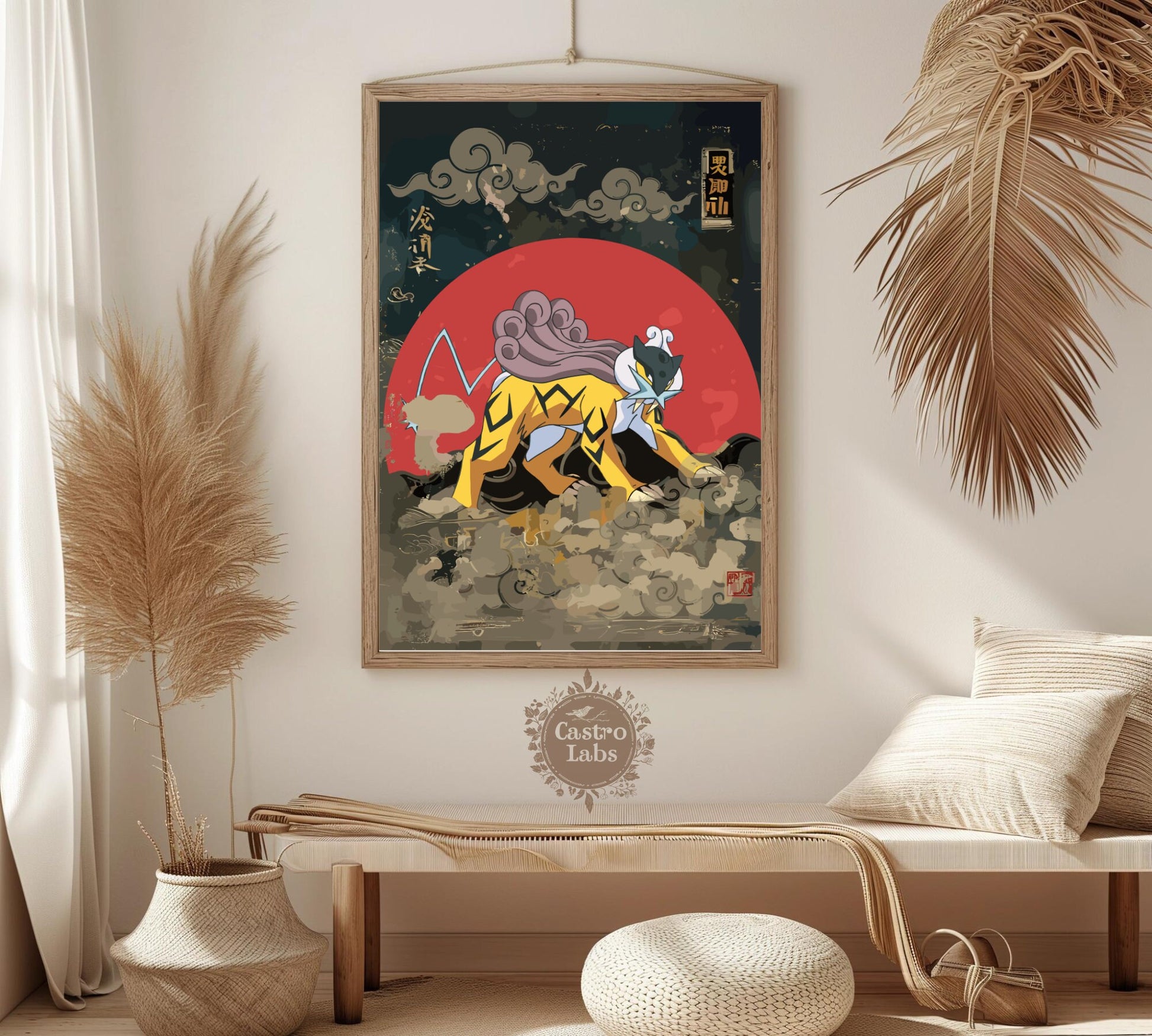 Raikou: Japanese Tapestry Style Pokemon Anime Poster - Wall Art for Bedroom and Japanese Home Decor