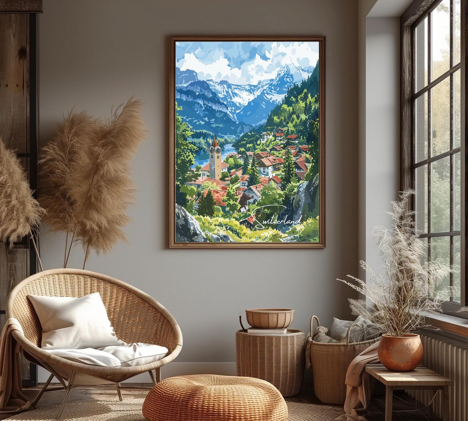 Switzerland Travel Poster, Mountain Charm Print, Switzerland Watercolour