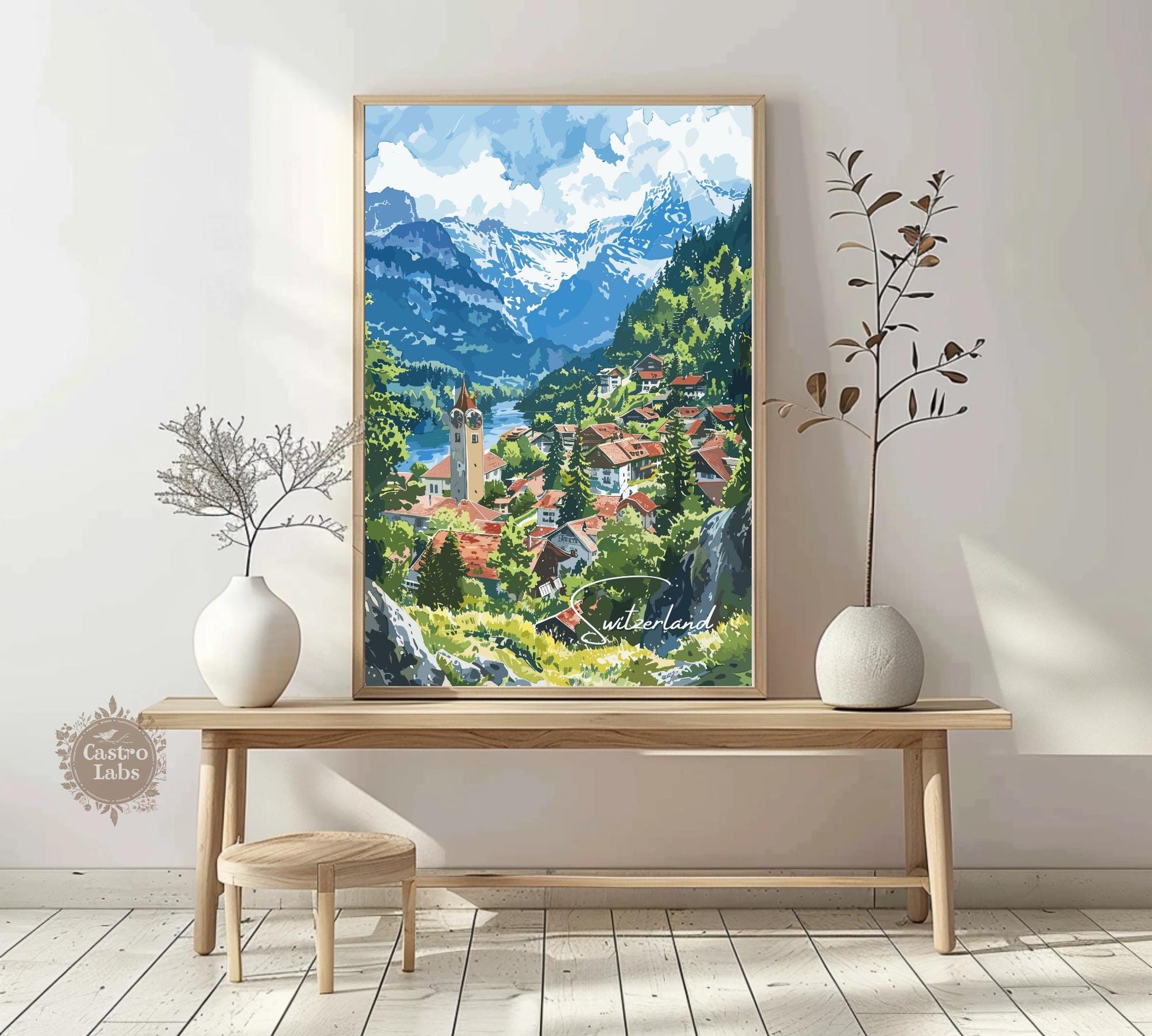 Switzerland Travel Poster, Mountain Charm Print, Switzerland Watercolour