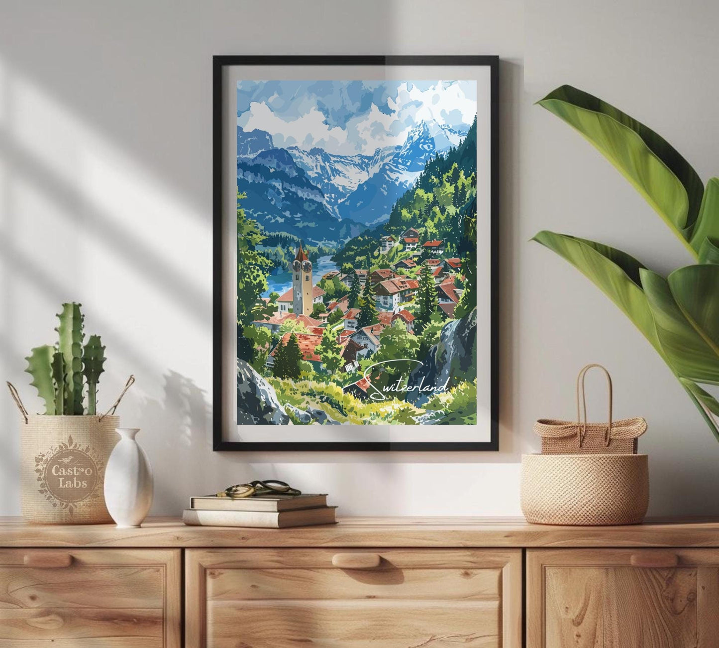 Switzerland Travel Poster, Mountain Charm Print, Switzerland Watercolour