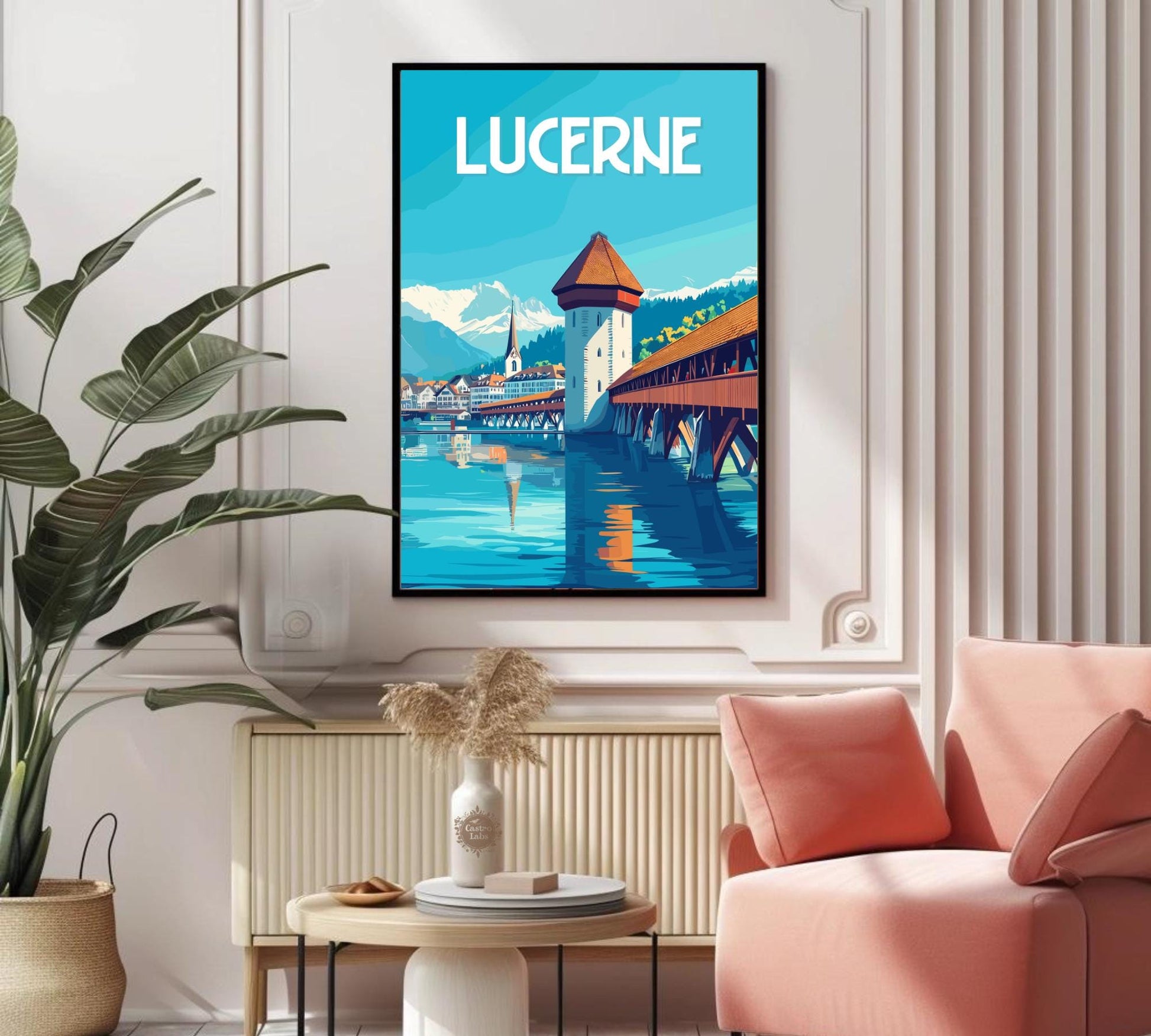 Lucerne Travel Poster, Chapel Bridge Print, Lucerne Wall Art