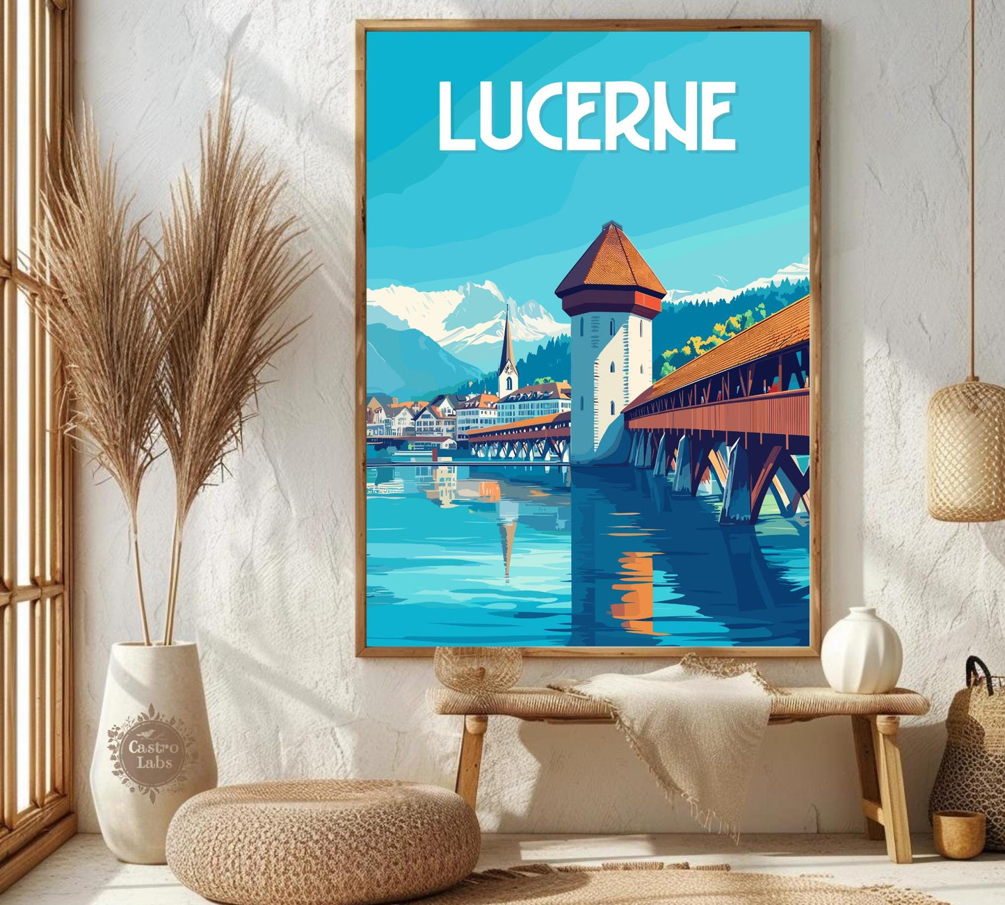 Lucerne Travel Poster, Chapel Bridge Print, Lucerne Wall Art