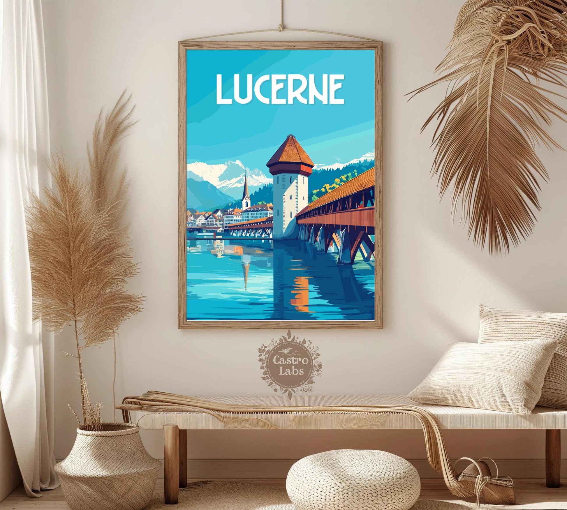 Lucerne Travel Poster, Chapel Bridge Print, Lucerne Wall Art