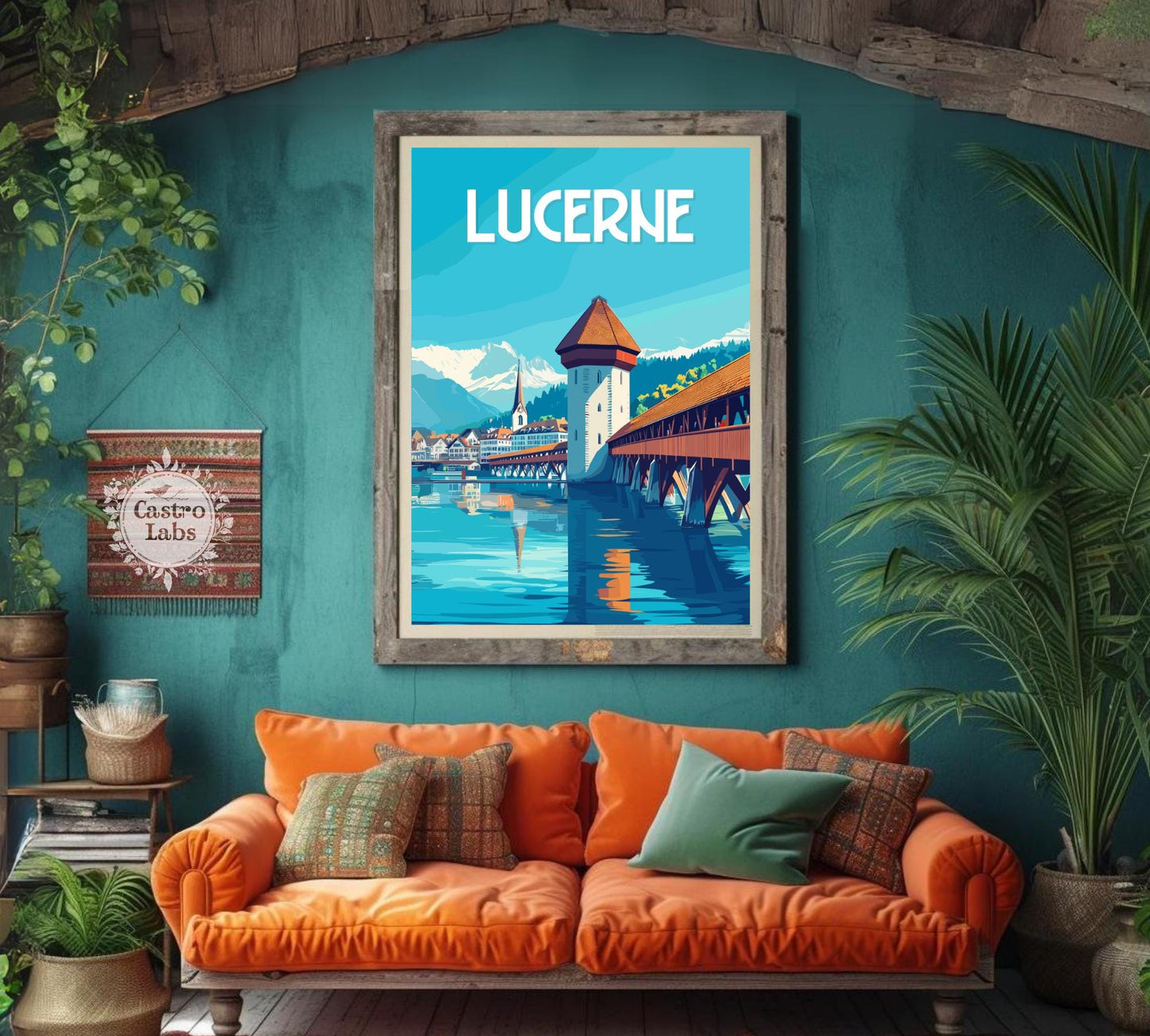 Lucerne Travel Poster, Chapel Bridge Print, Lucerne Wall Art