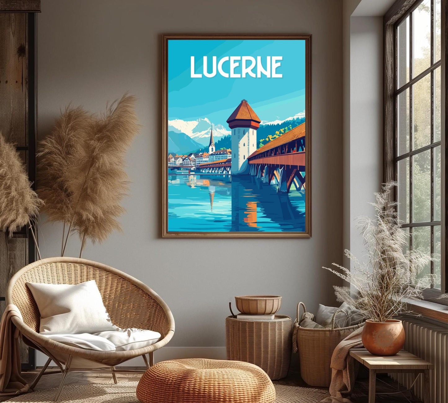 Lucerne Travel Poster, Chapel Bridge Print, Lucerne Wall Art