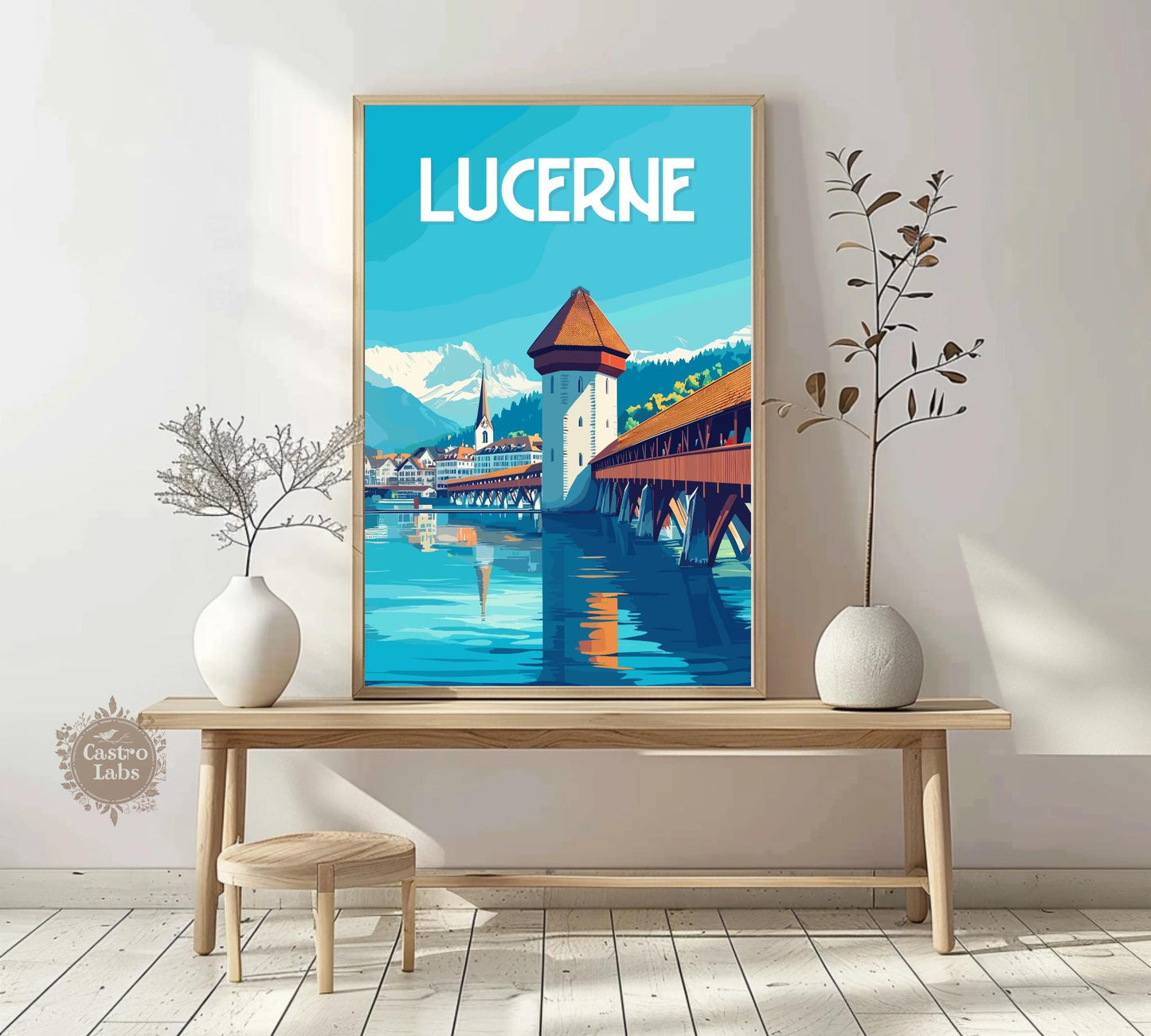 Lucerne Travel Poster, Chapel Bridge Print, Lucerne Wall Art