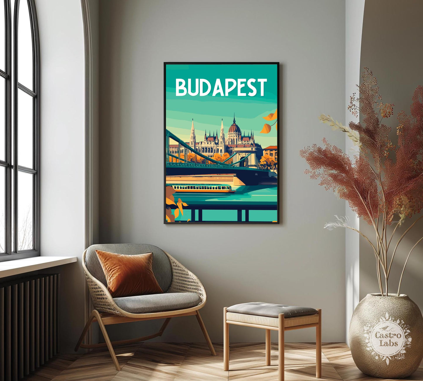 Budapest Travel Poster, Hungarian Parliament Print, Budapest Bridge