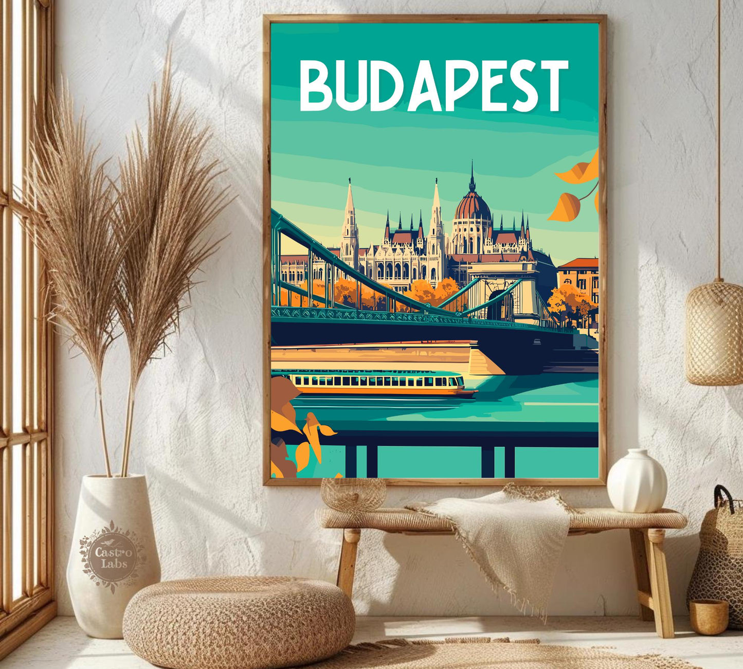 Budapest Travel Poster, Hungarian Parliament Print, Budapest Bridge