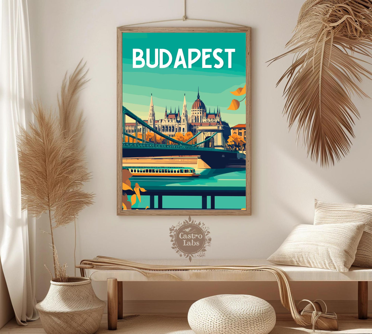 Budapest Travel Poster, Hungarian Parliament Print, Budapest Bridge