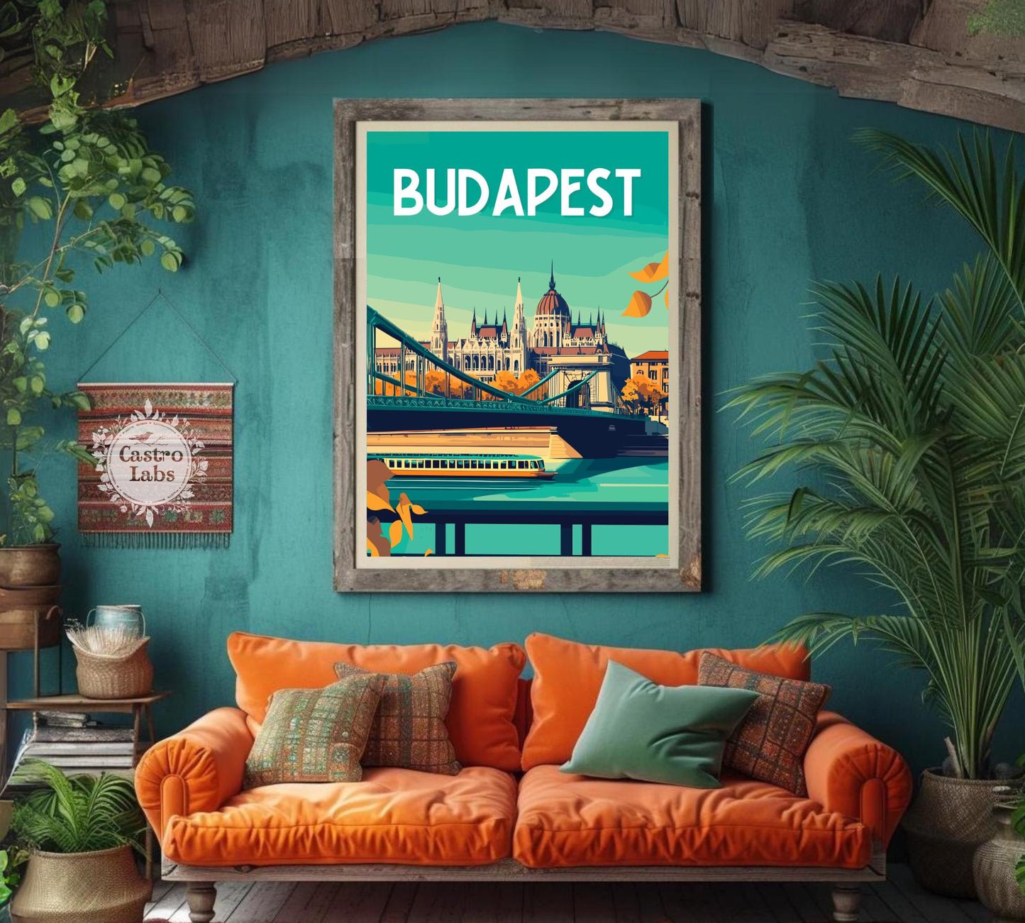 Budapest Travel Poster, Hungarian Parliament Print, Budapest Bridge