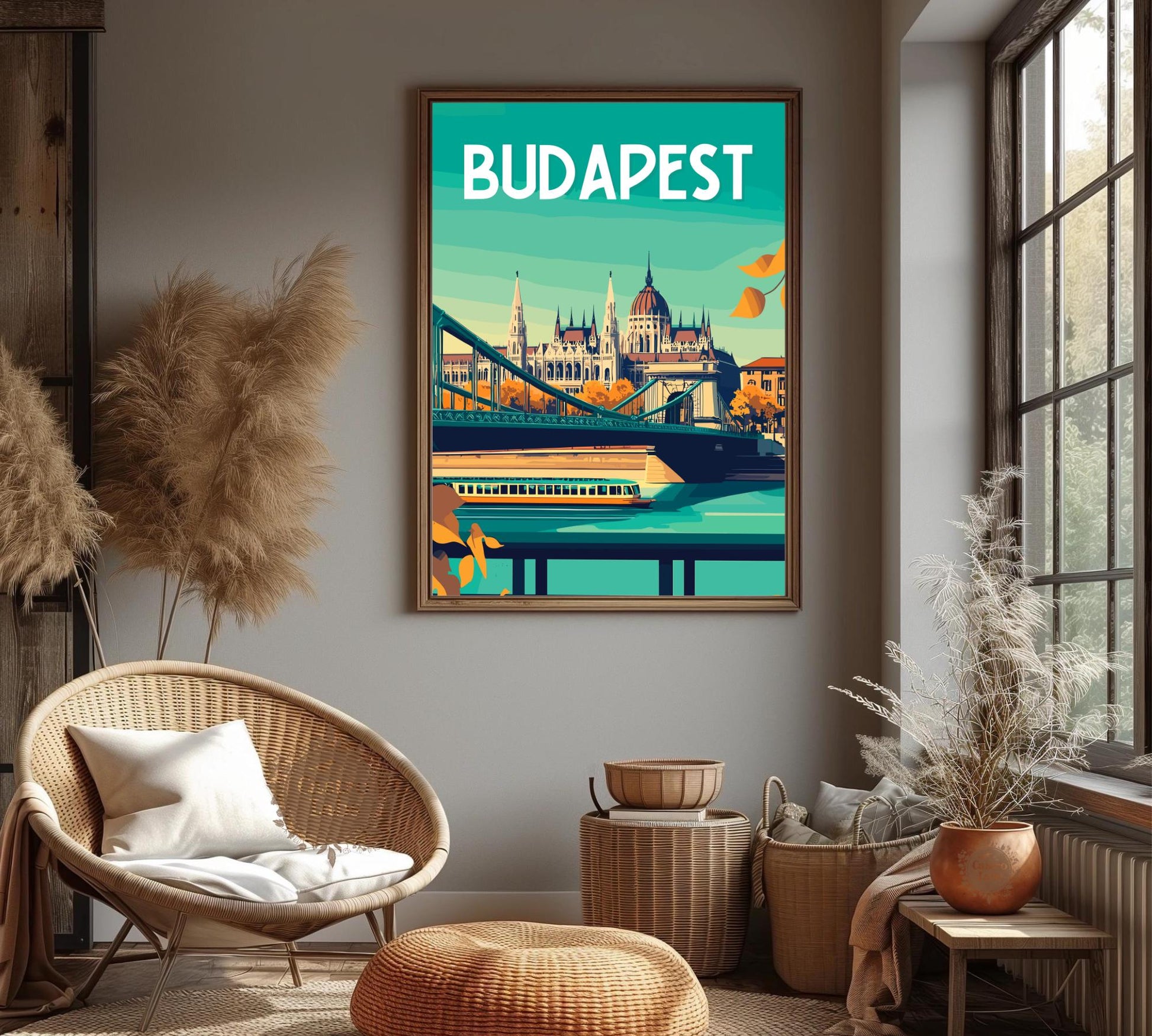 Budapest Travel Poster, Hungarian Parliament Print, Budapest Bridge