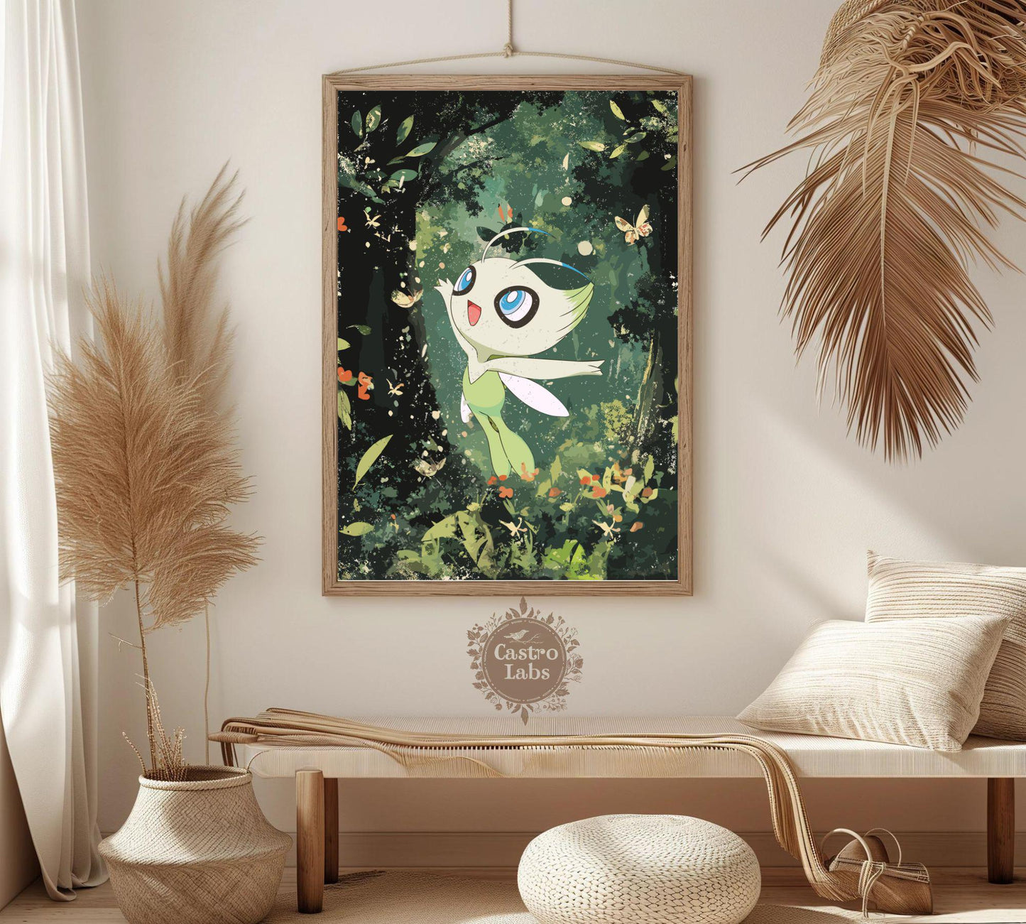 Celebi Print: Japanese Style Legendary Pokemon Inspired Anime Artwork