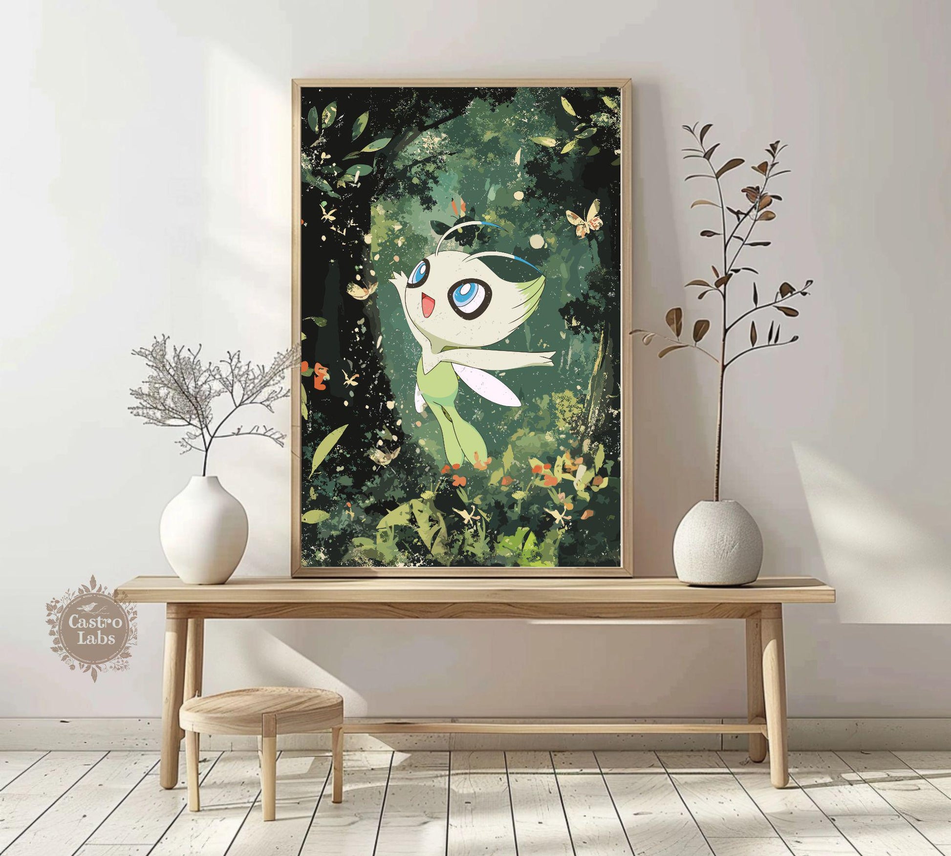 Celebi Print: Japanese Style Legendary Pokemon Inspired Anime Artwork