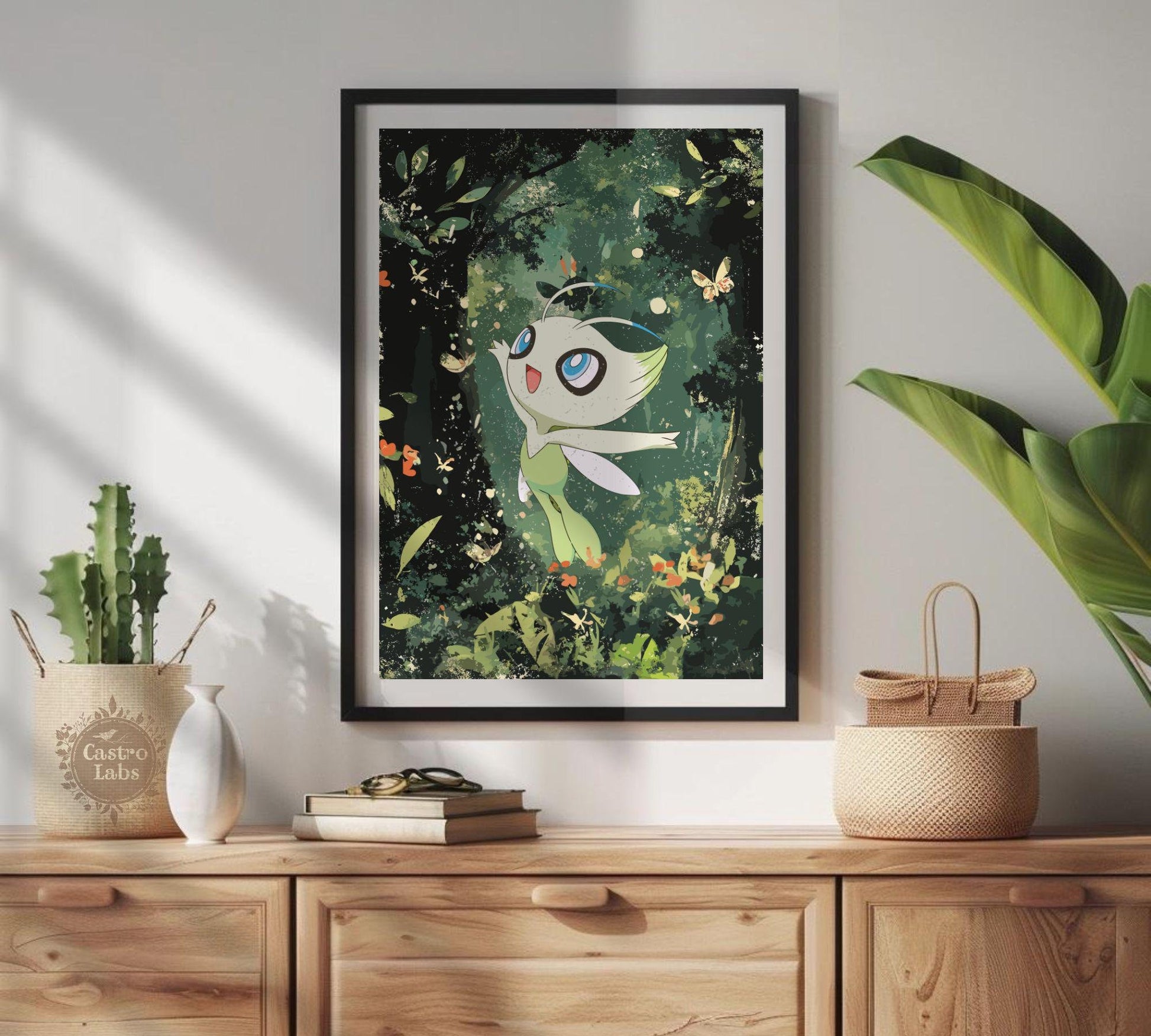 Celebi Print: Japanese Style Legendary Pokemon Inspired Anime Artwork