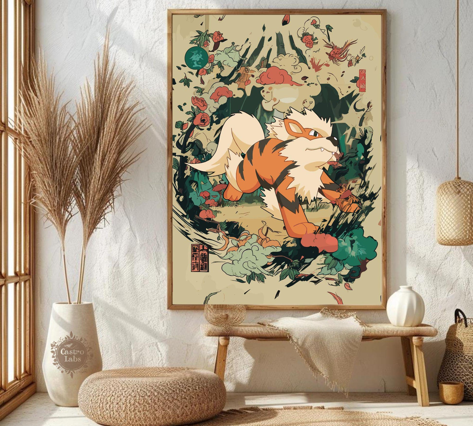 Arcanine Pokemon: Japanese Tapestry Style Pokemon Anime Poster