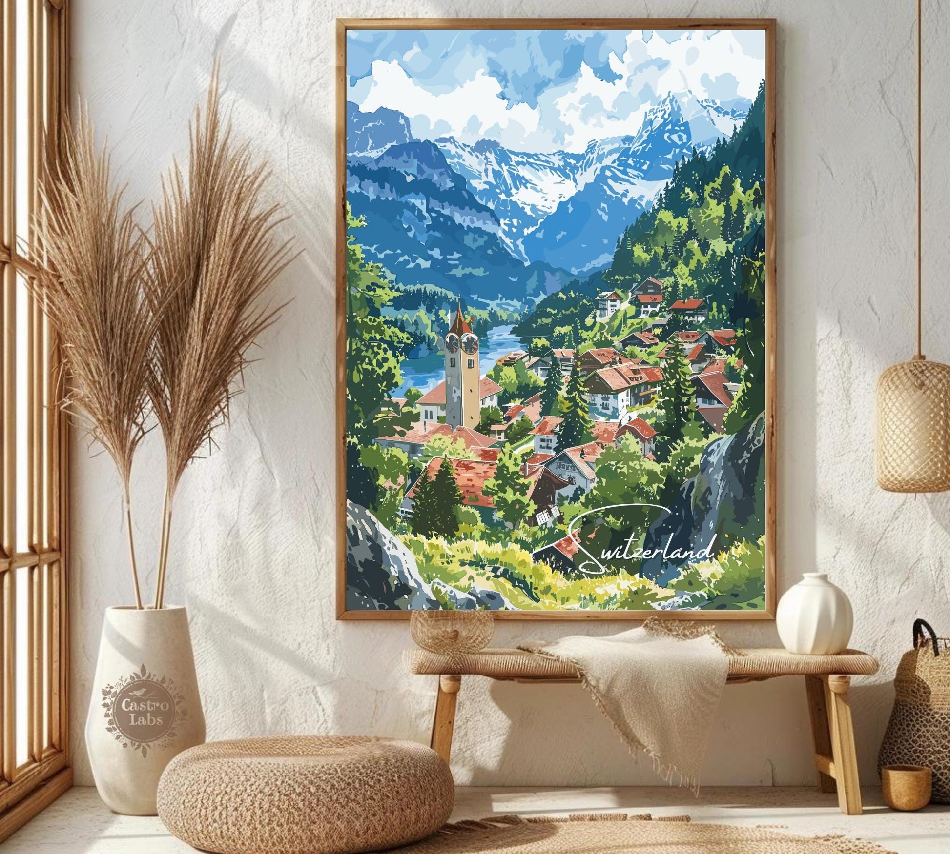 Switzerland Travel Poster, Mountain Charm Print, Switzerland Watercolour