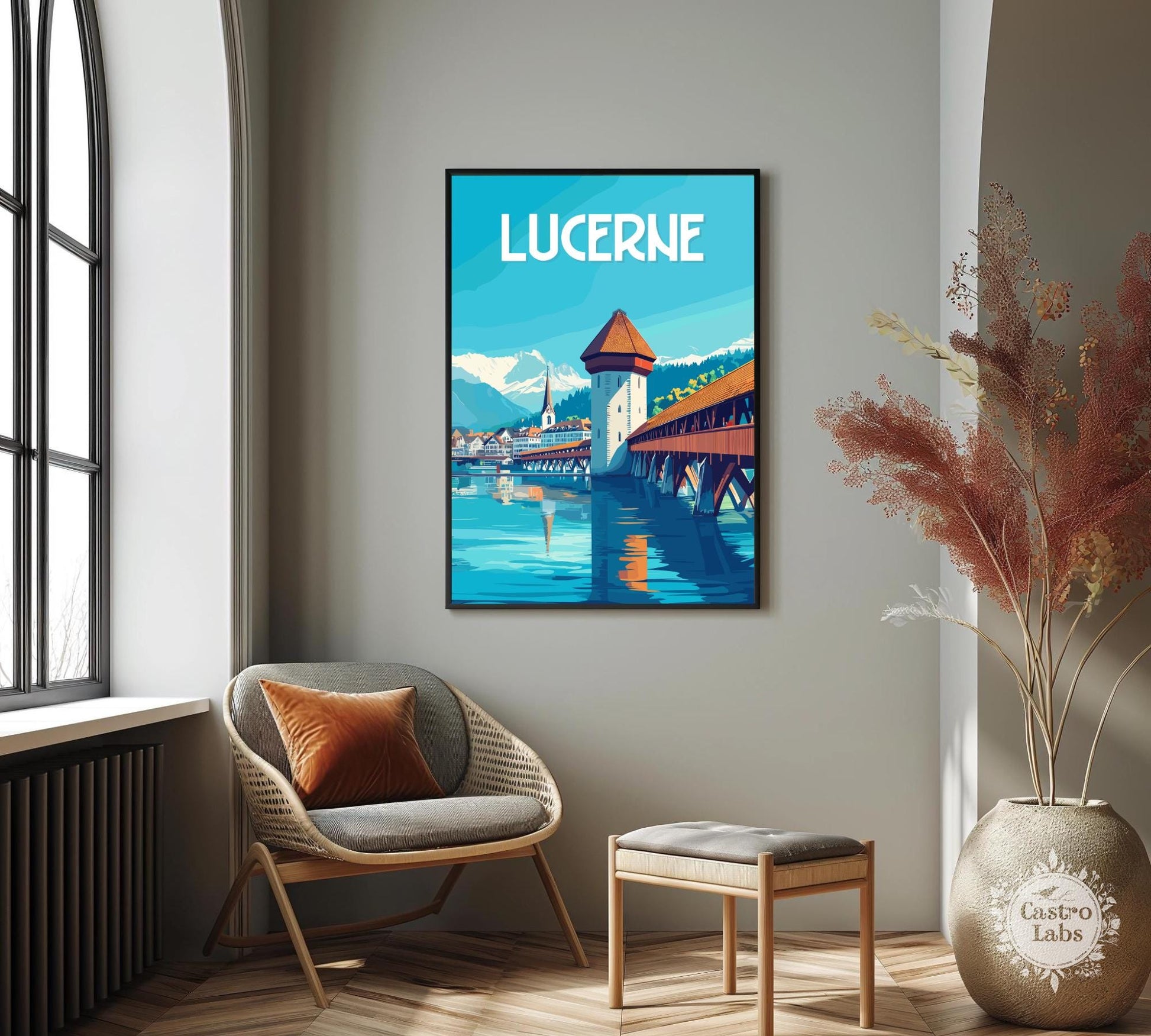 Lucerne Travel Poster, Chapel Bridge Print, Lucerne Wall Art