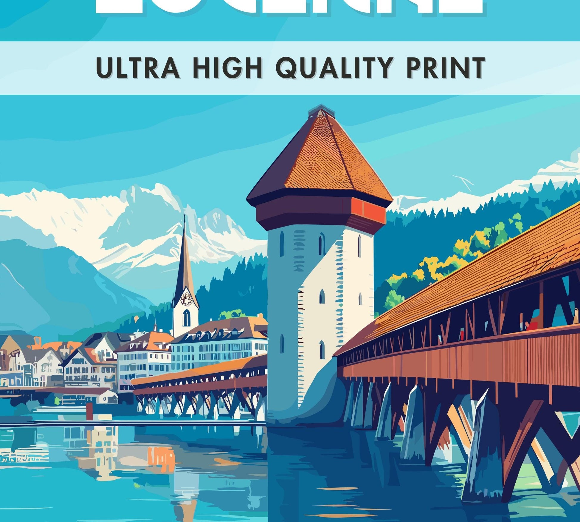 Lucerne Travel Poster, Chapel Bridge Print, Lucerne Wall Art