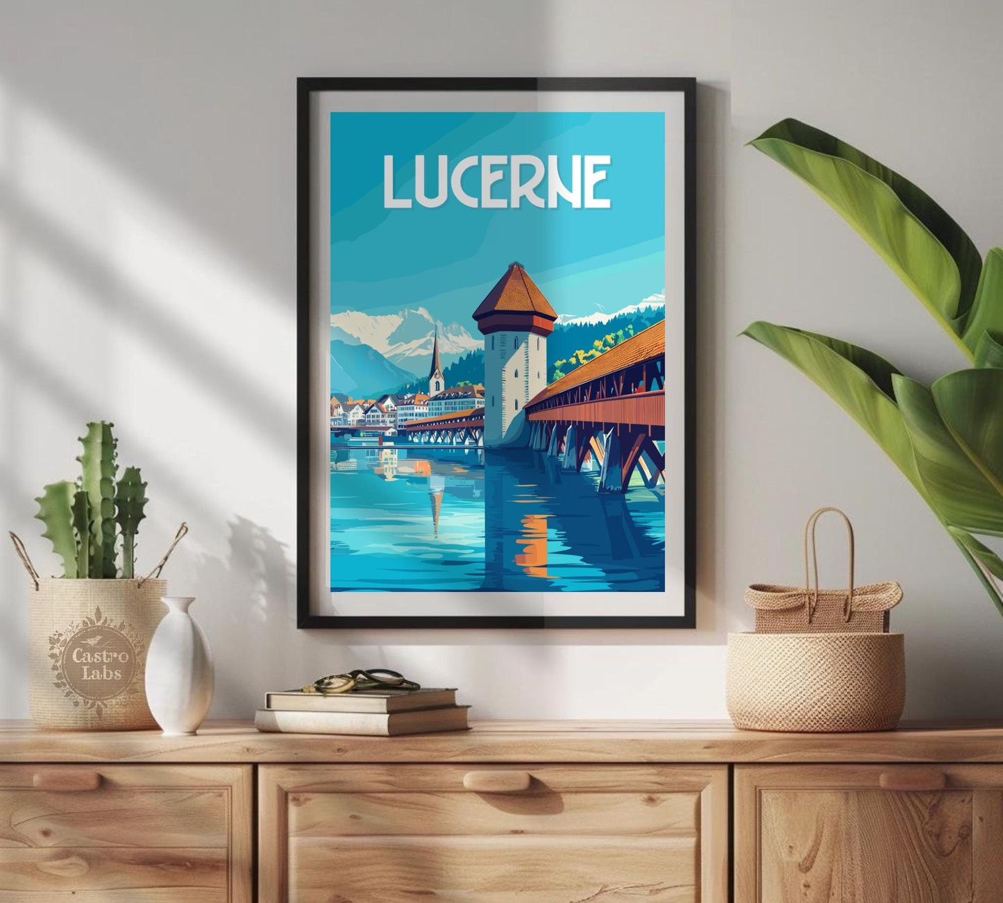 Lucerne Travel Poster, Chapel Bridge Print, Lucerne Wall Art