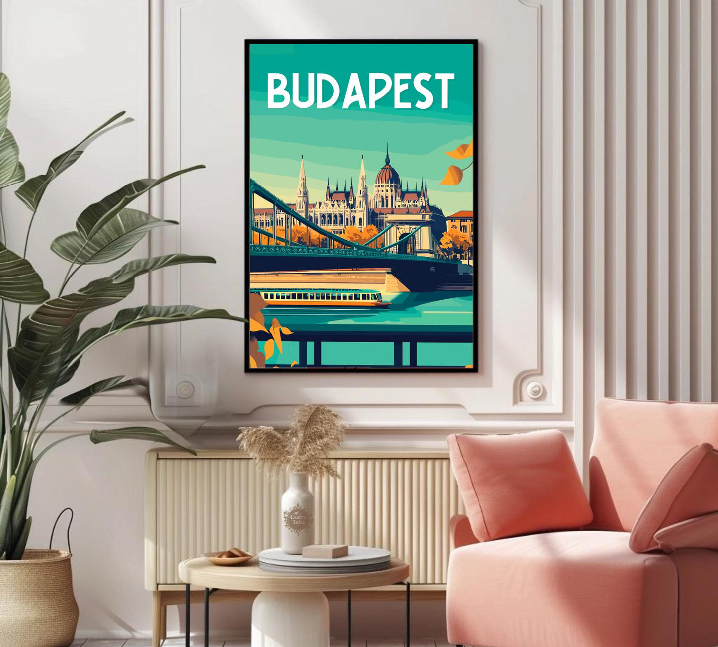 Budapest Travel Poster, Hungarian Parliament Print, Budapest Bridge