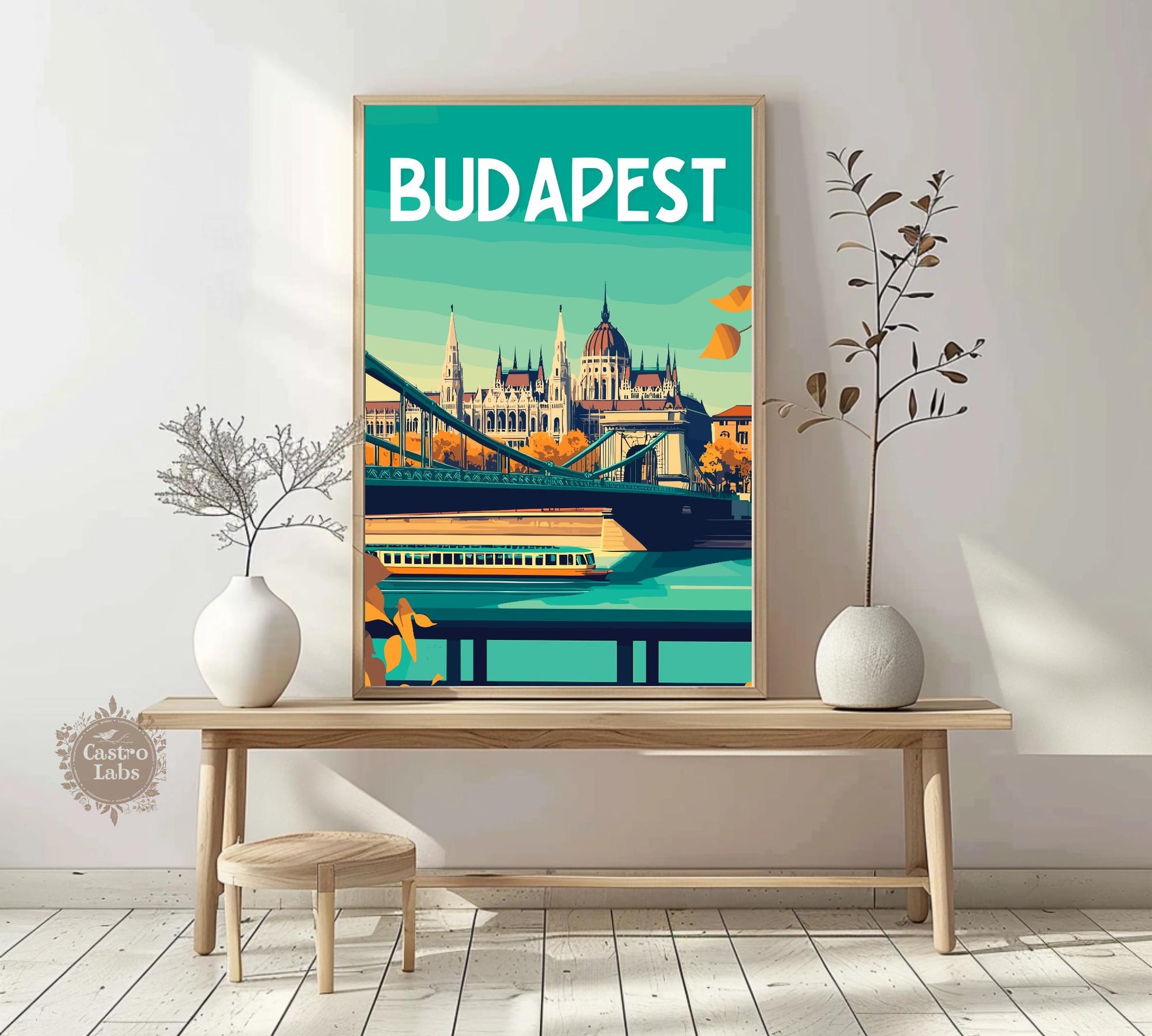 Budapest Travel Poster, Hungarian Parliament Print, Budapest Bridge