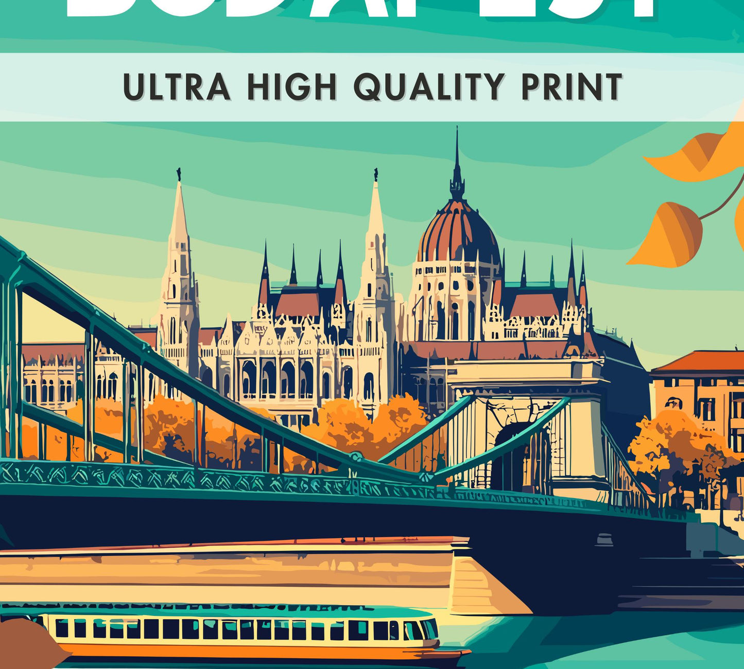 Budapest Travel Poster, Hungarian Parliament Print, Budapest Bridge