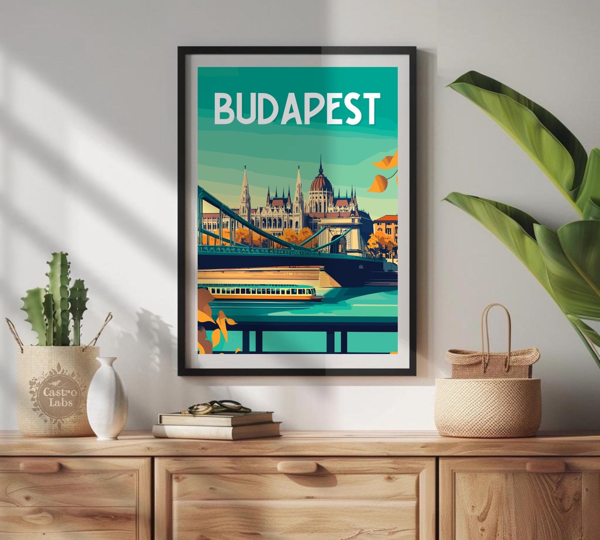 Budapest Travel Poster, Hungarian Parliament Print, Budapest Bridge