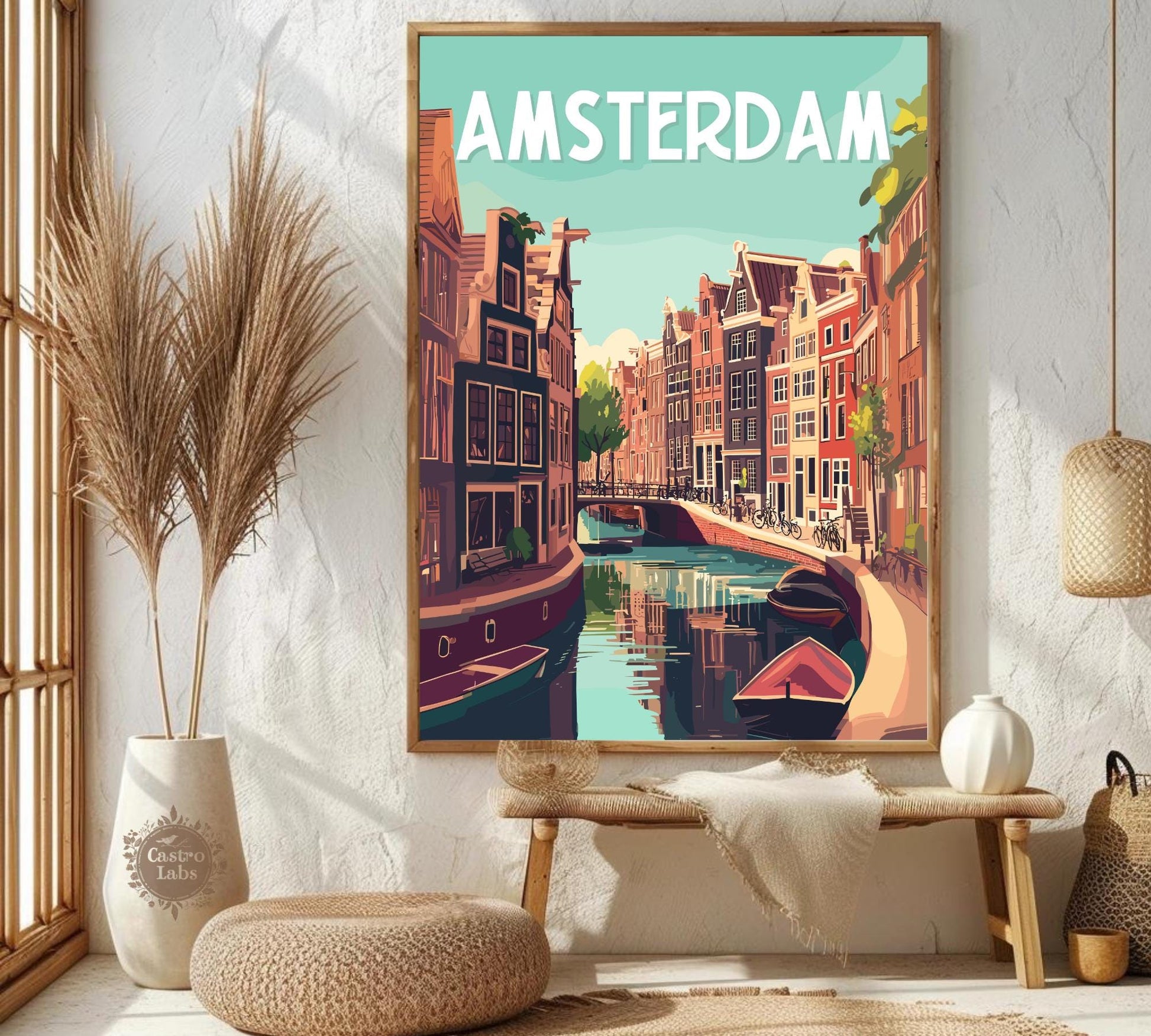 Amsterdam Canal Print, Amsterdam Houses and Canal Scene Print