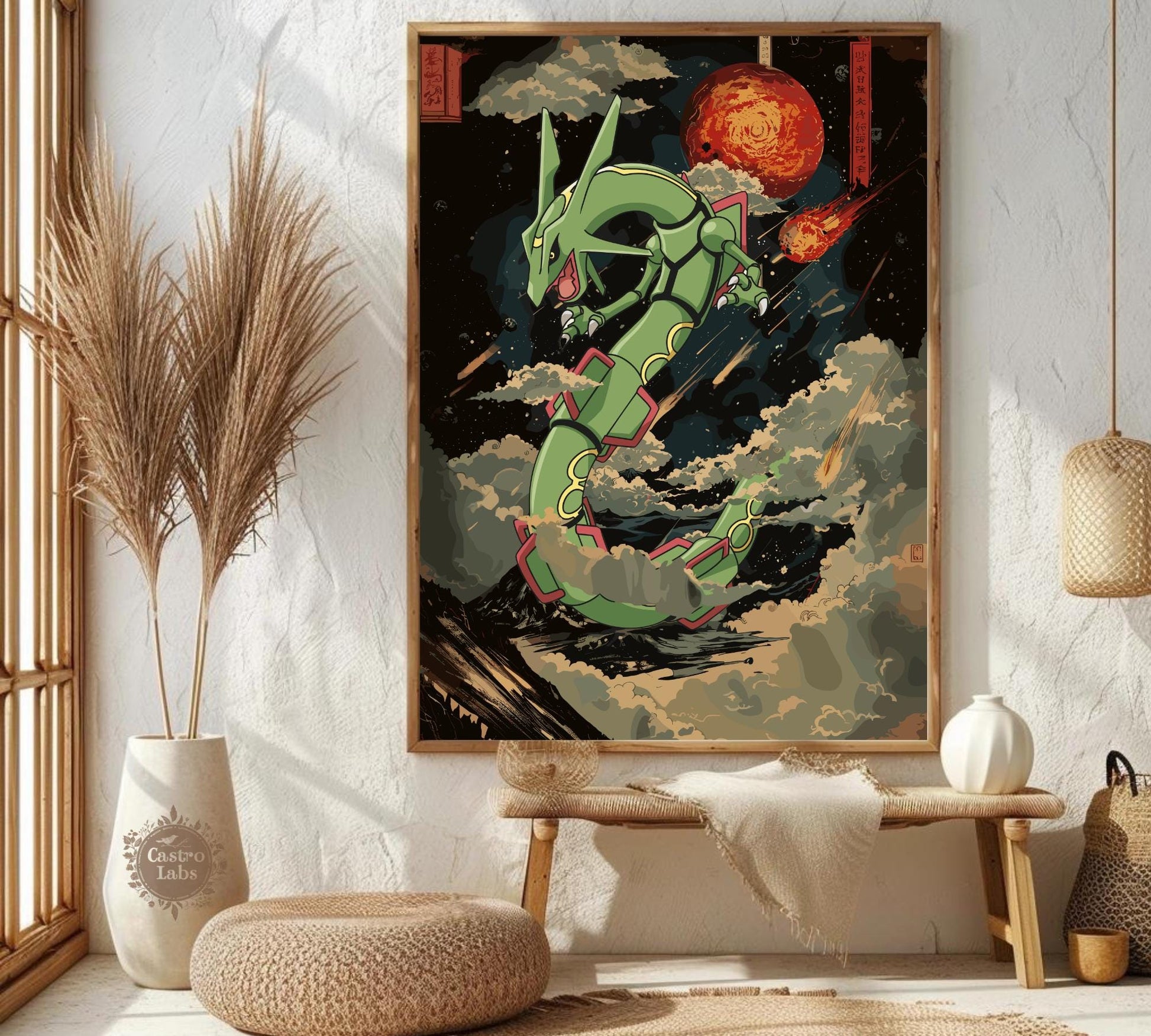 Rayquaza Print: Japanese Tapestry Style Pokemon Anime Poster