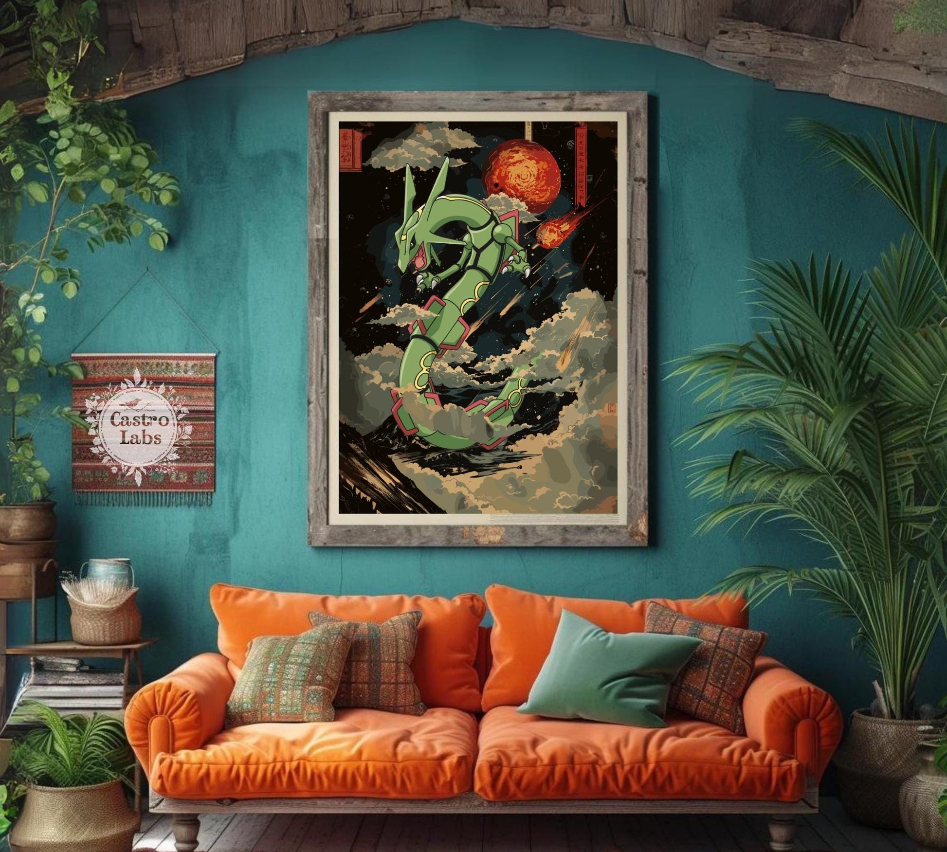 Rayquaza Print: Japanese Tapestry Style Pokemon Anime Poster