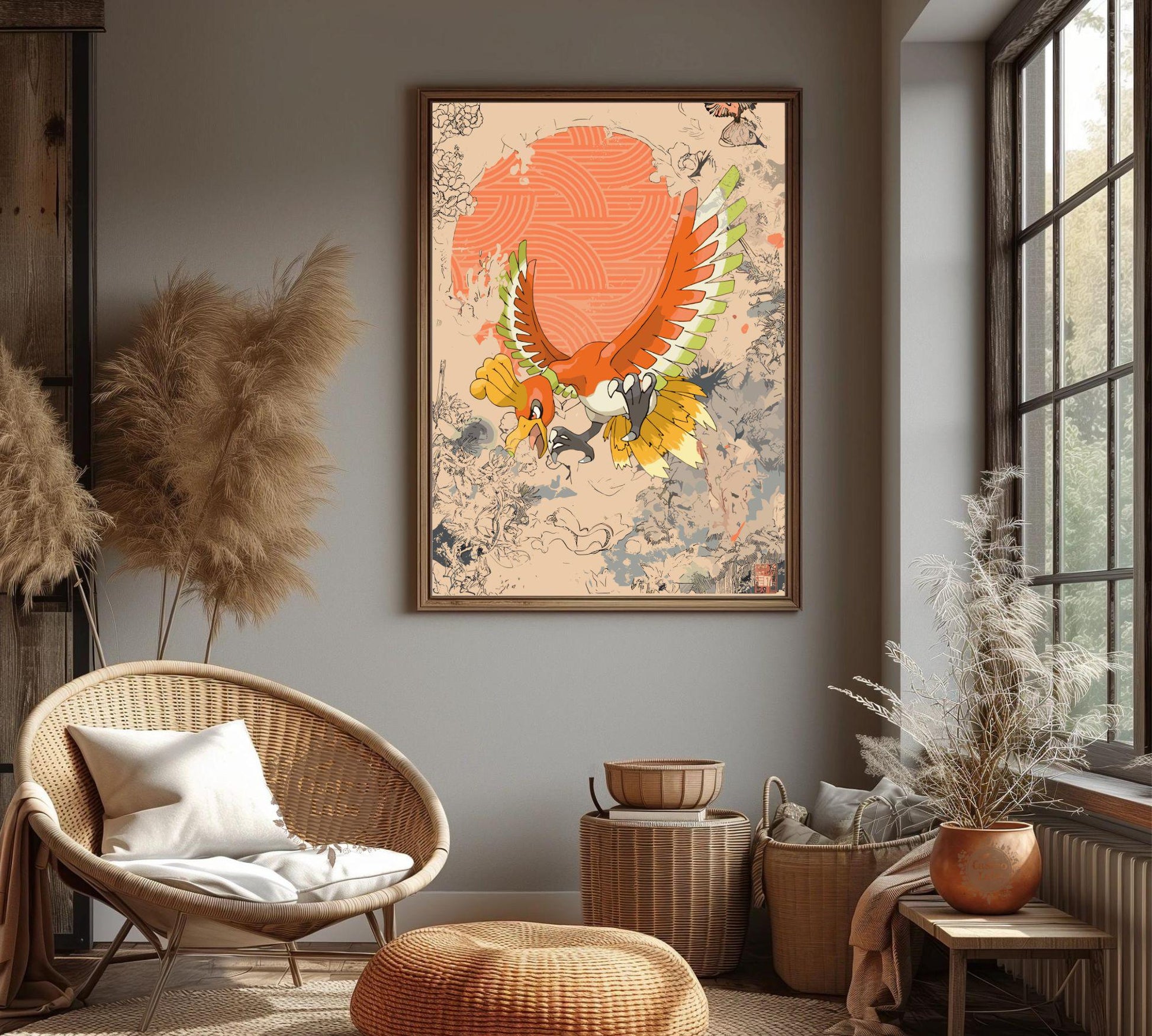 Ho-oh Print: Japanese Style Legendary Pokemon Inspired Anime Artwork