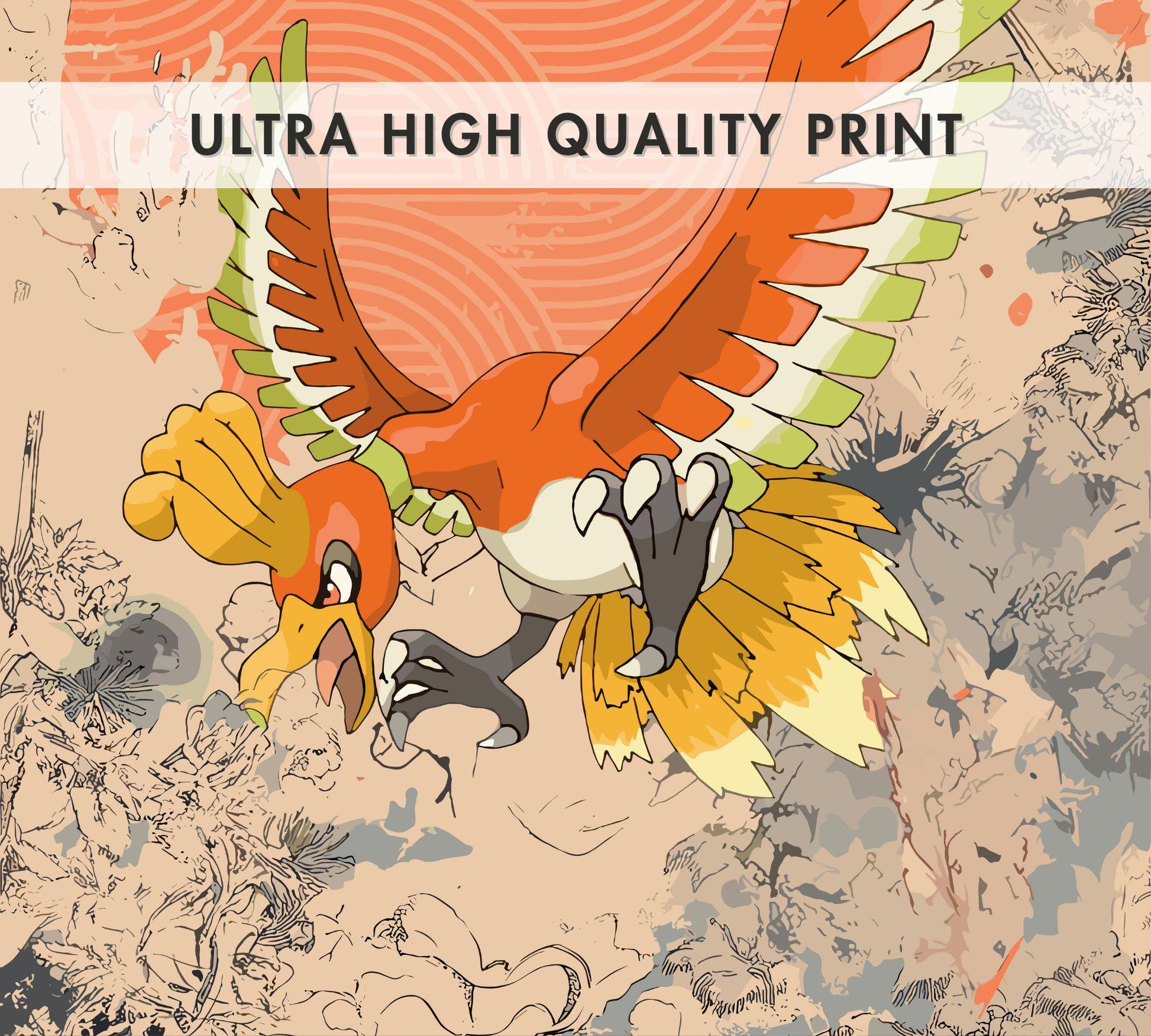 Ho-oh Print: Japanese Style Legendary Pokemon Inspired Anime Artwork