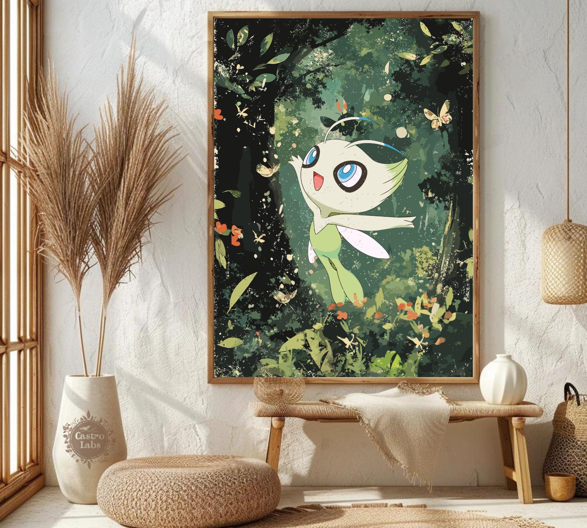 Celebi Print: Japanese Style Legendary Pokemon Inspired Anime Artwork