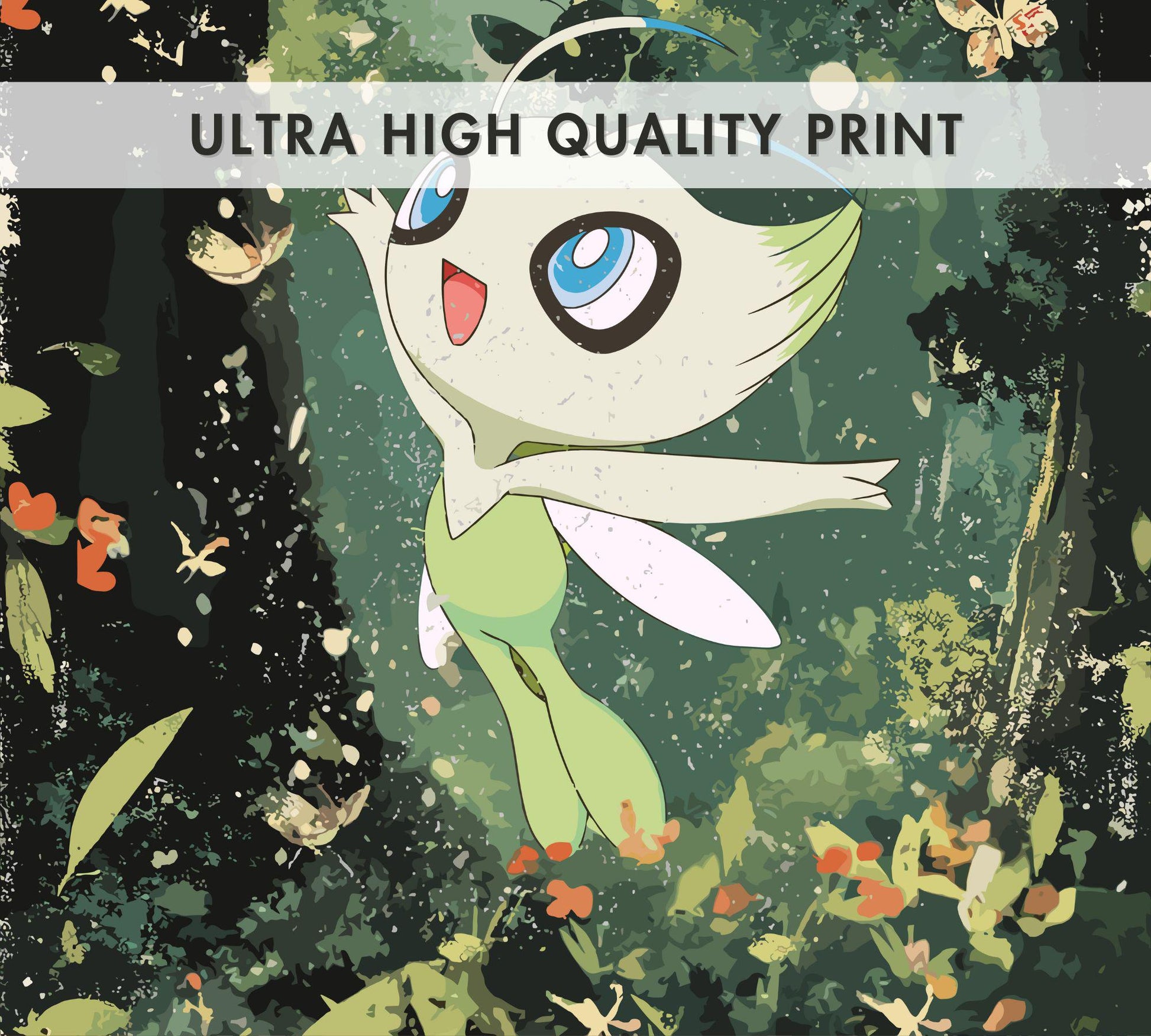 Celebi Print: Japanese Style Legendary Pokemon Inspired Anime Artwork