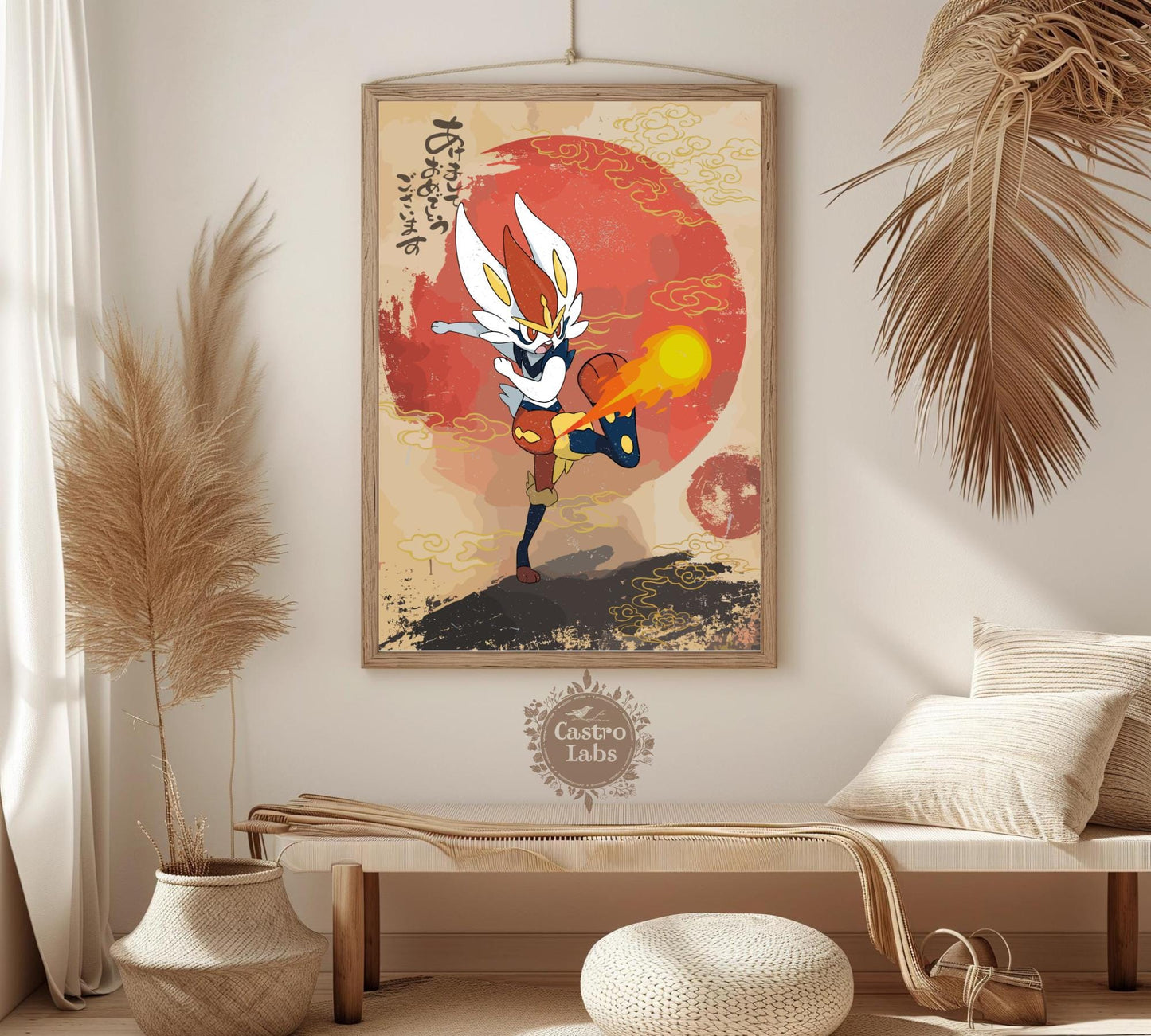 Cinderace: Japanese Tapestry Style Pokemon Anime Poster