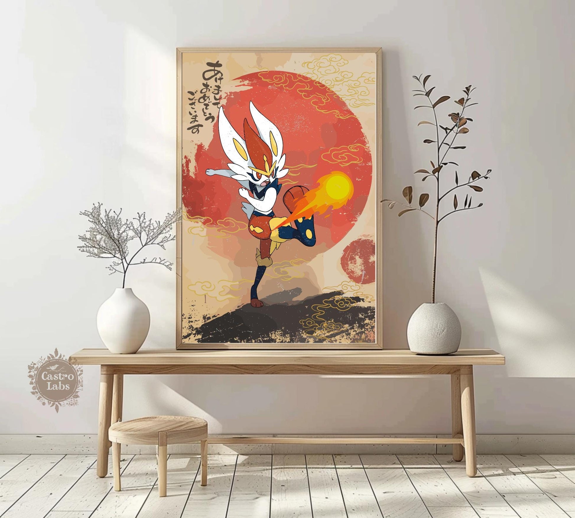 Cinderace: Japanese Tapestry Style Pokemon Anime Poster