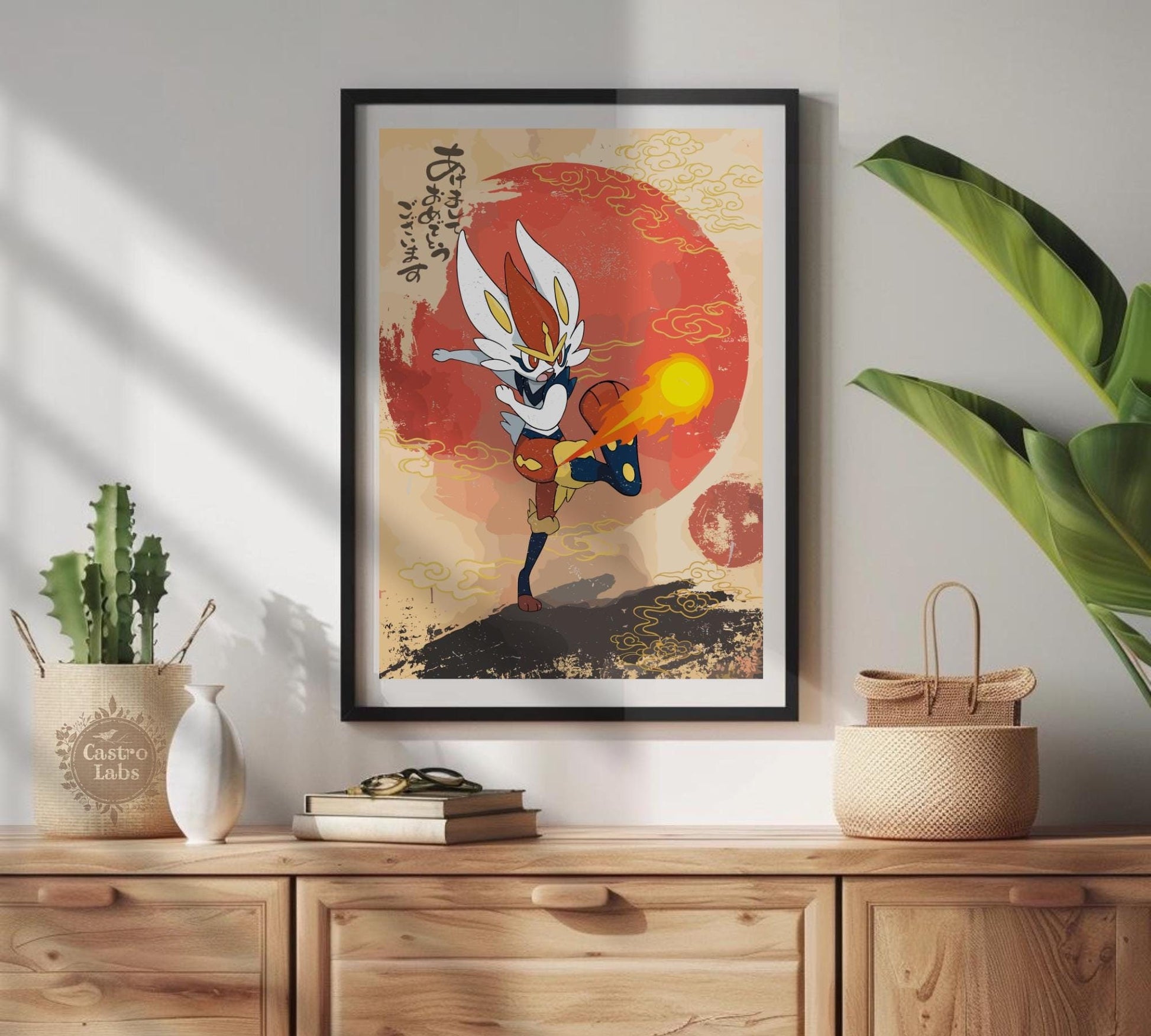 Cinderace: Japanese Tapestry Style Pokemon Anime Poster