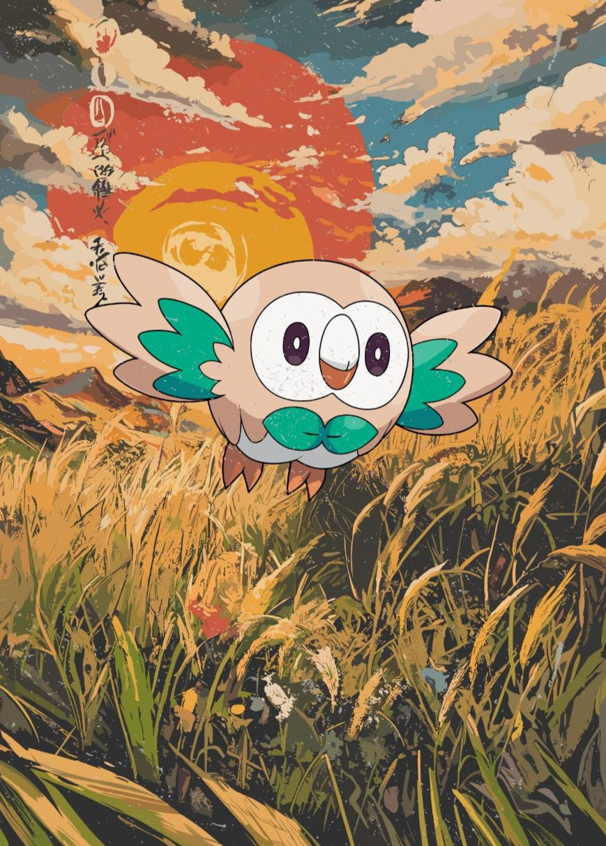 Rowlet: Japanese Tapestry Style Pokemon Anime Poster