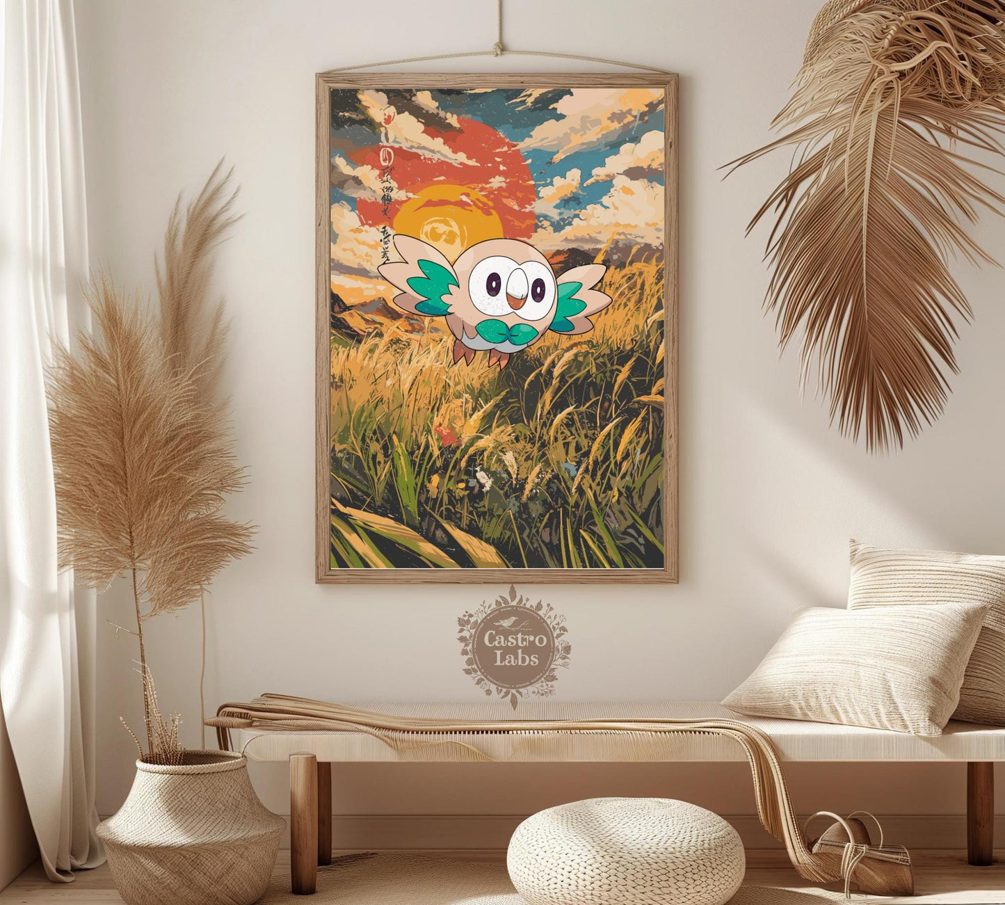 Rowlet: Japanese Tapestry Style Pokemon Anime Poster