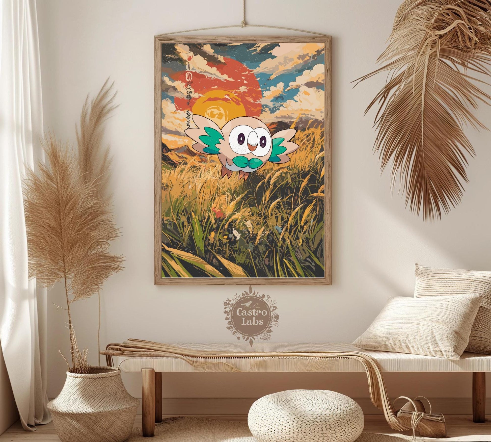 Rowlet: Japanese Tapestry Style Pokemon Anime Poster