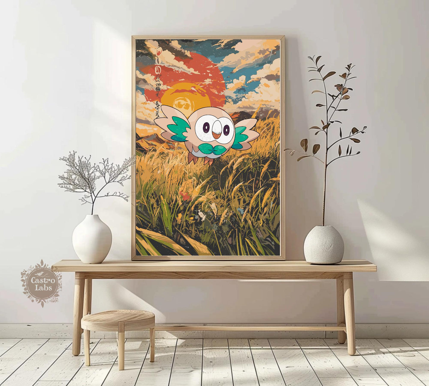 Rowlet: Japanese Tapestry Style Pokemon Anime Poster