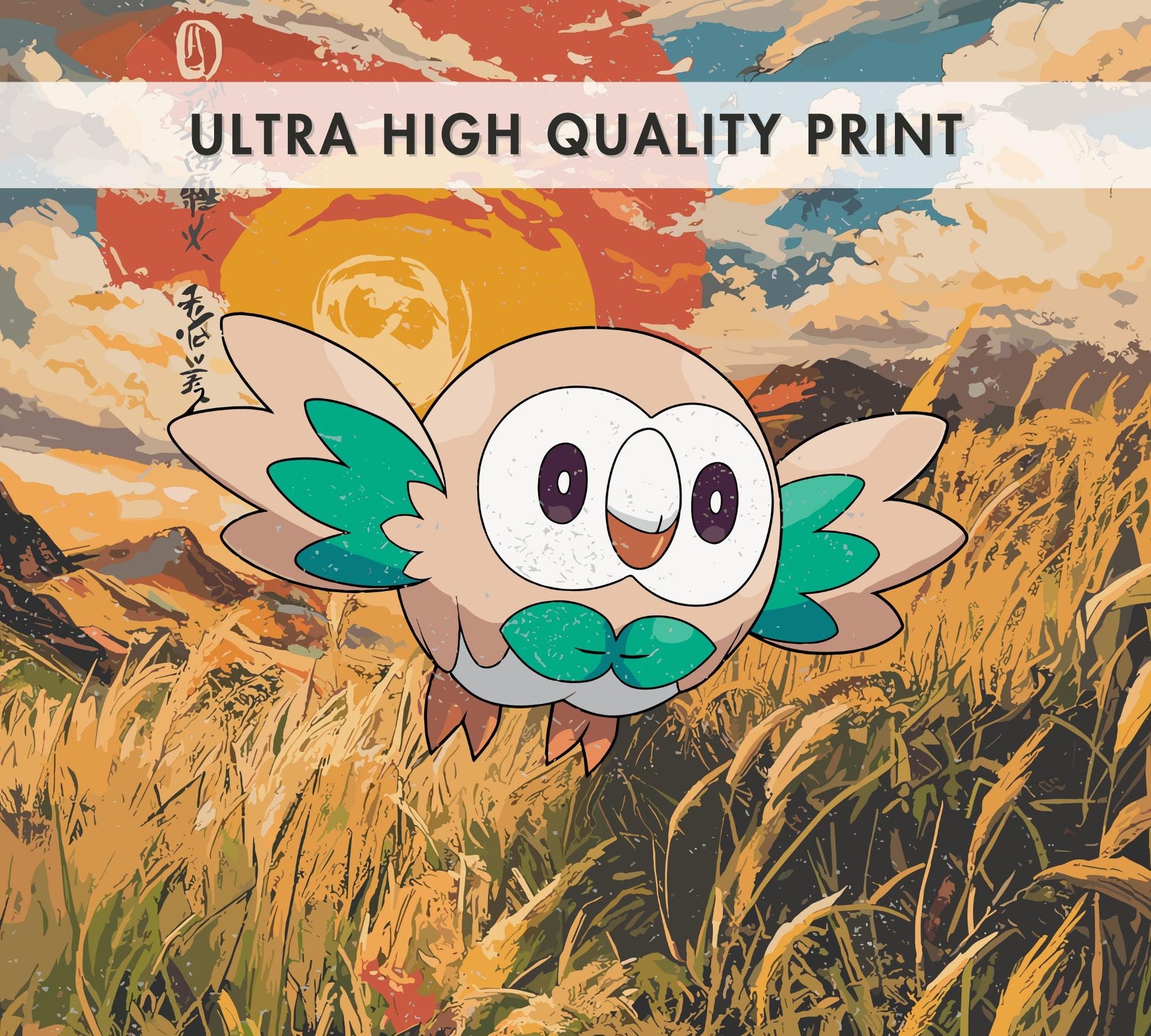 Rowlet: Japanese Tapestry Style Pokemon Anime Poster