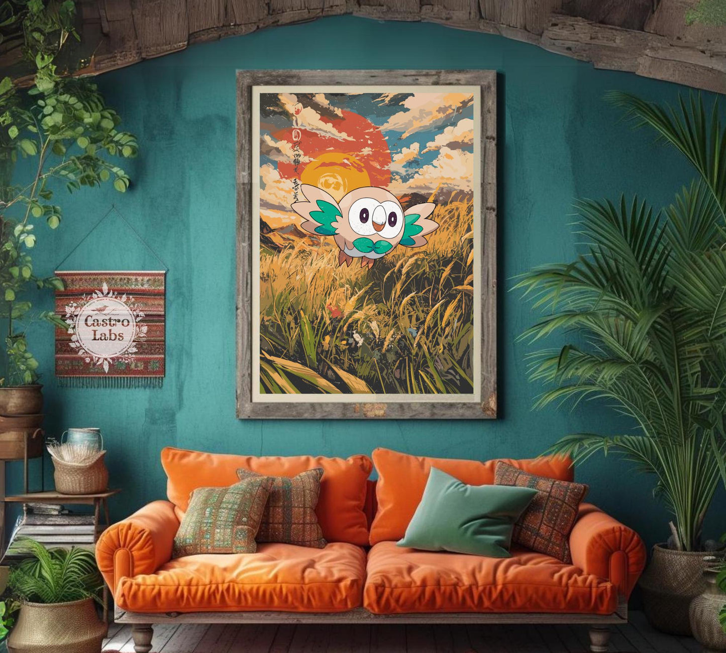 Rowlet: Japanese Tapestry Style Pokemon Anime Poster