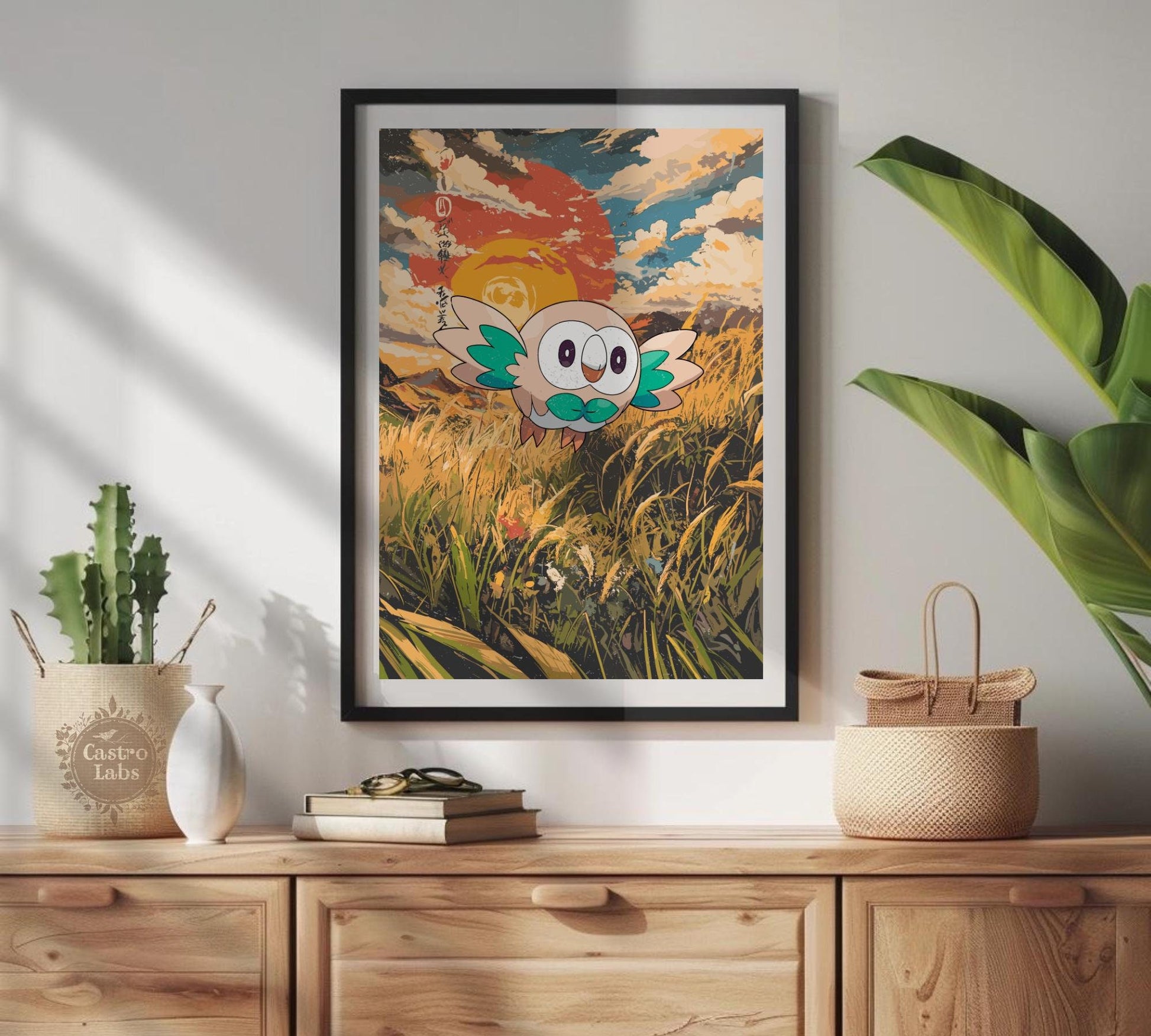 Rowlet: Japanese Tapestry Style Pokemon Anime Poster